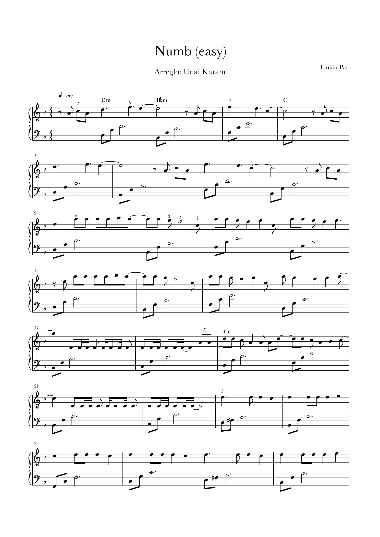 Primera página real de la partitura para piano de Numb