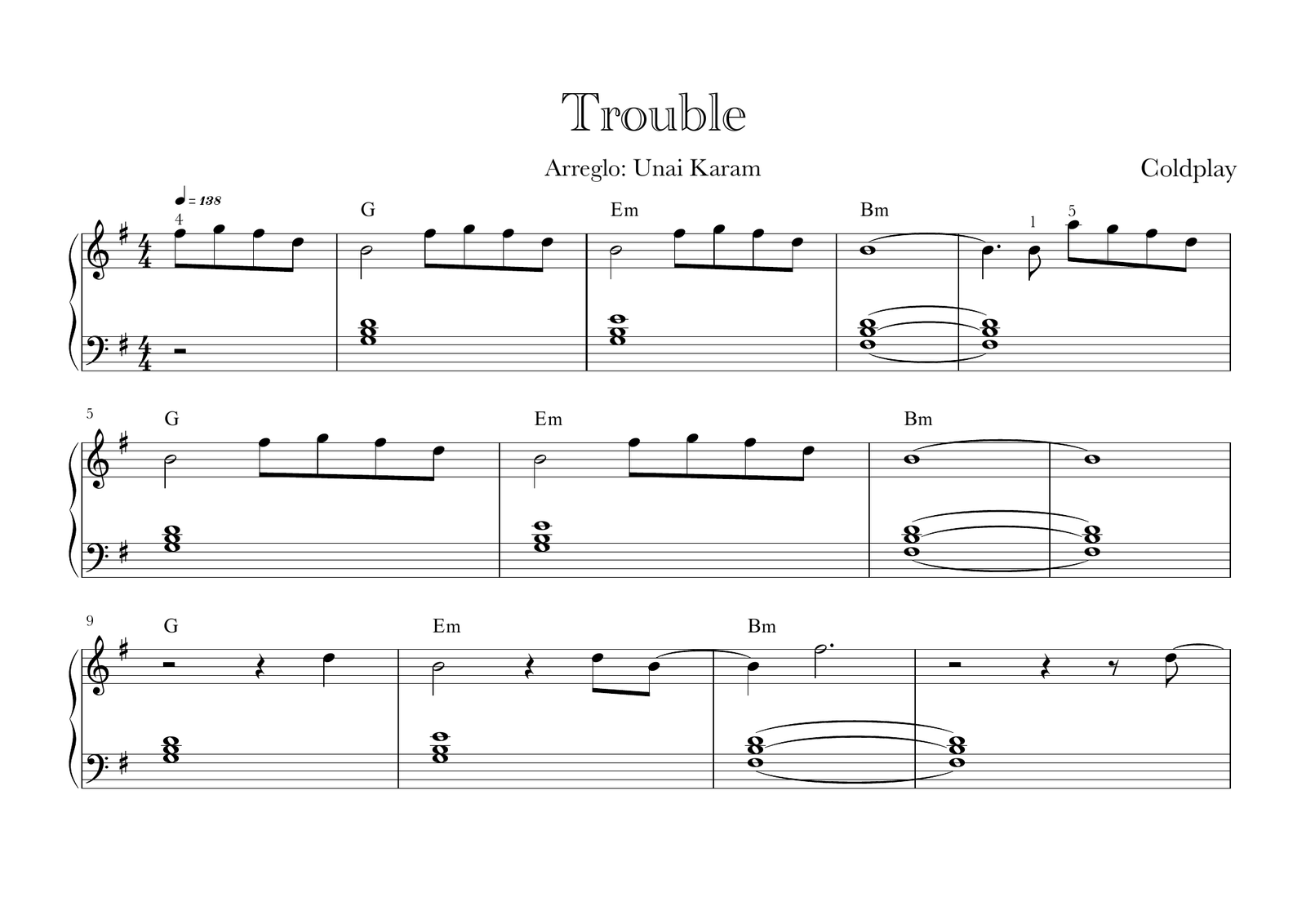 Primera página real de la partitura para piano de Trouble