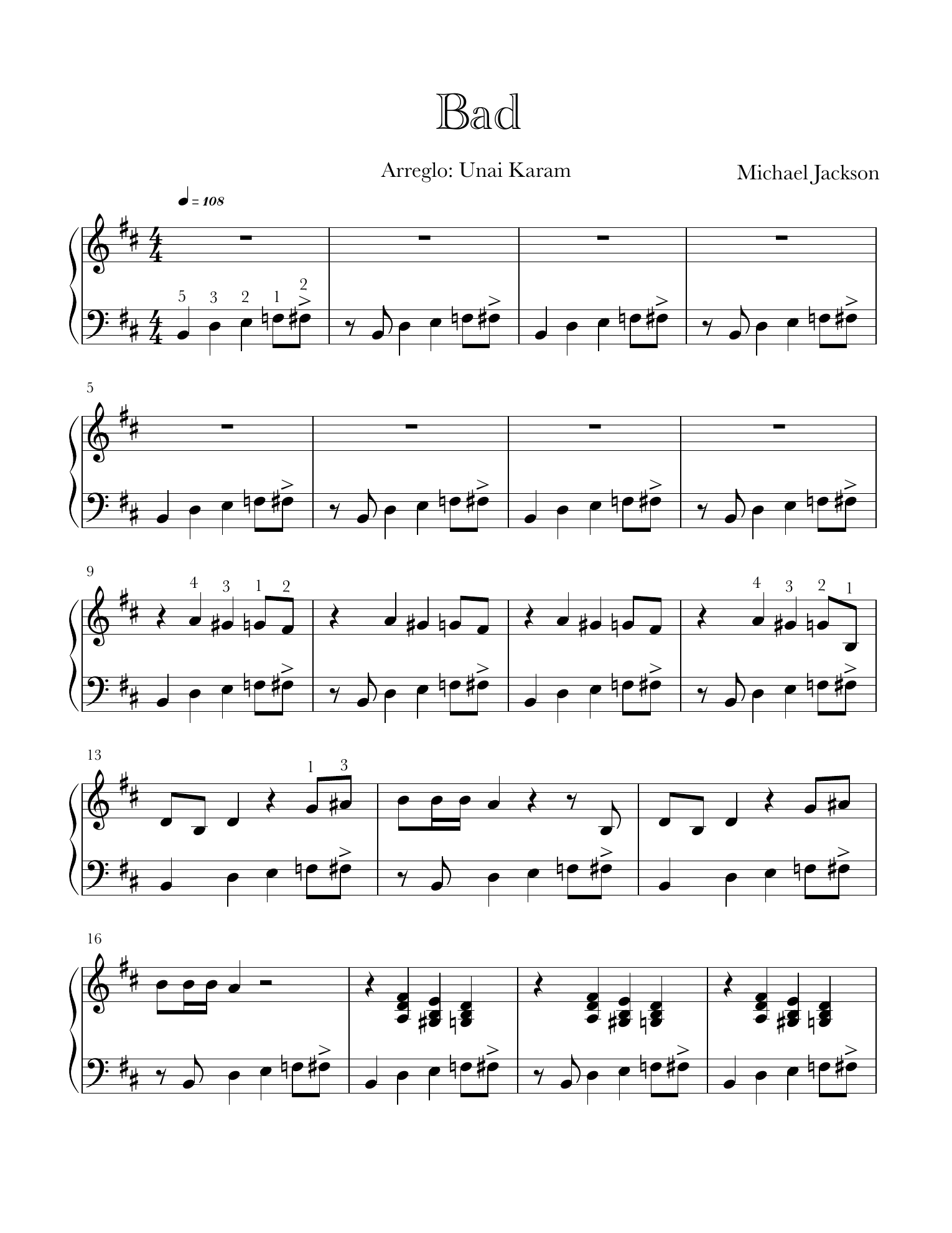 Primera página real de la partitura para piano de Bad
