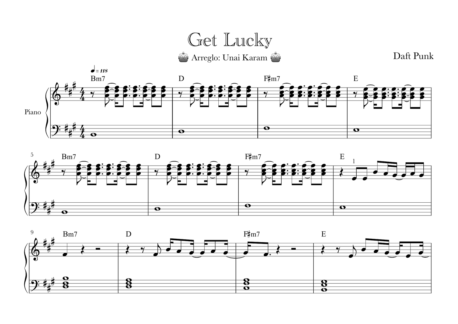 Primera página real de la partitura para piano de Get Lucky