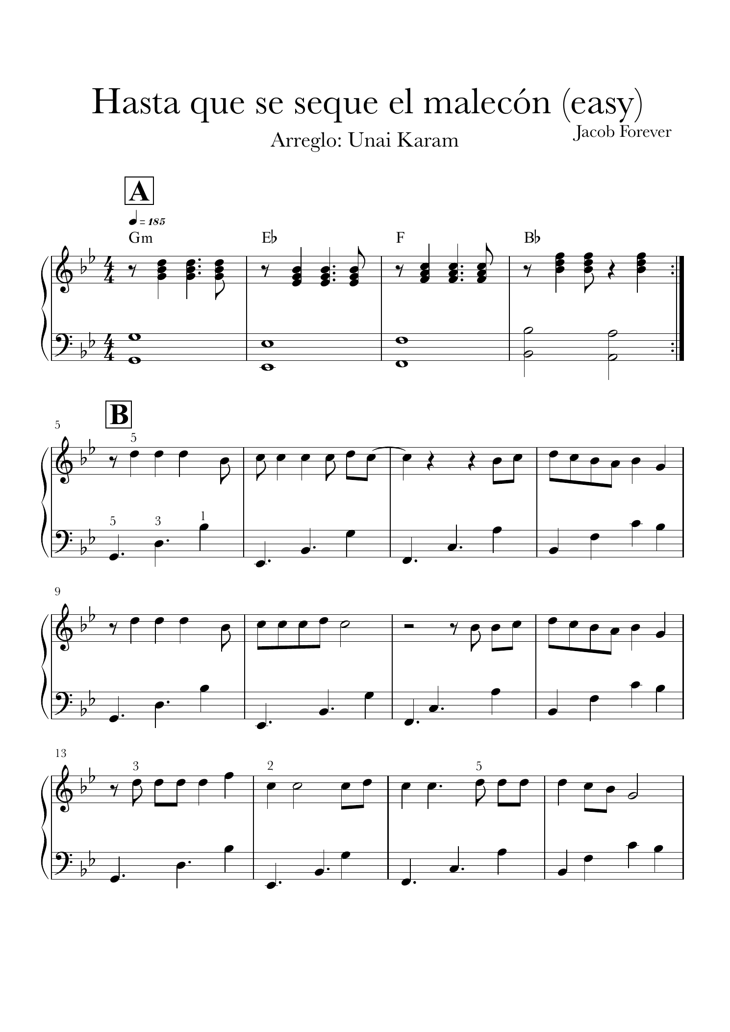Première page réelle de la partition pour piano de Hasta Que Se Seque El Malecón