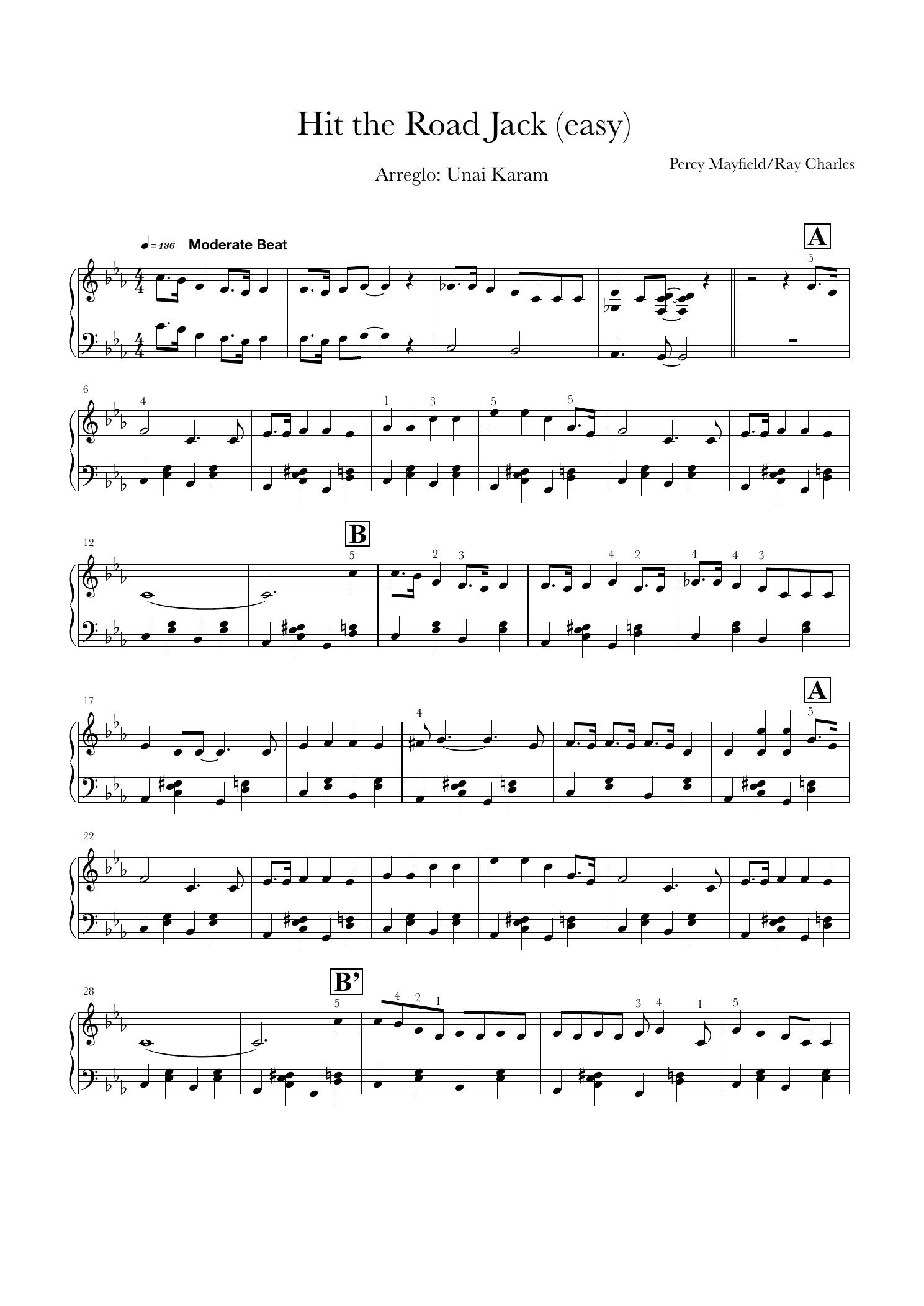 Primera página real de la partitura para piano de Hit The Road Jack