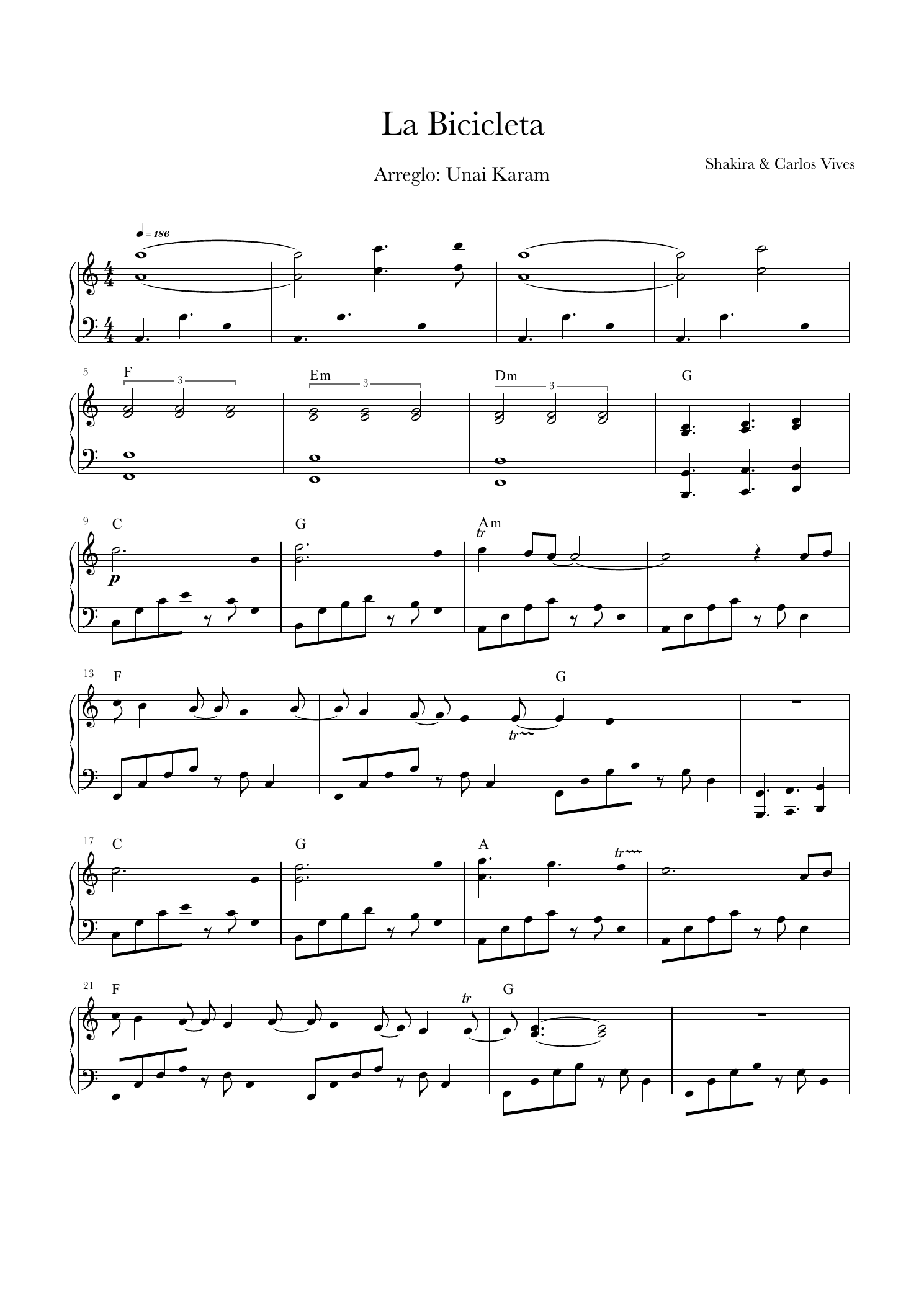 Real first page of the piano sheet music for La Bicicleta