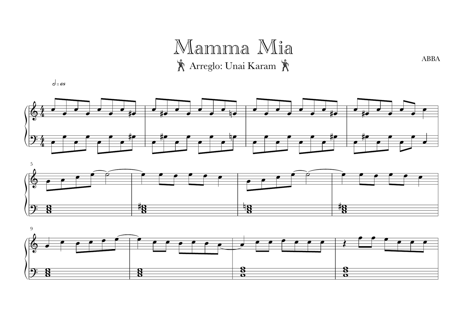Primera página real de la partitura para piano de Mamma Mia