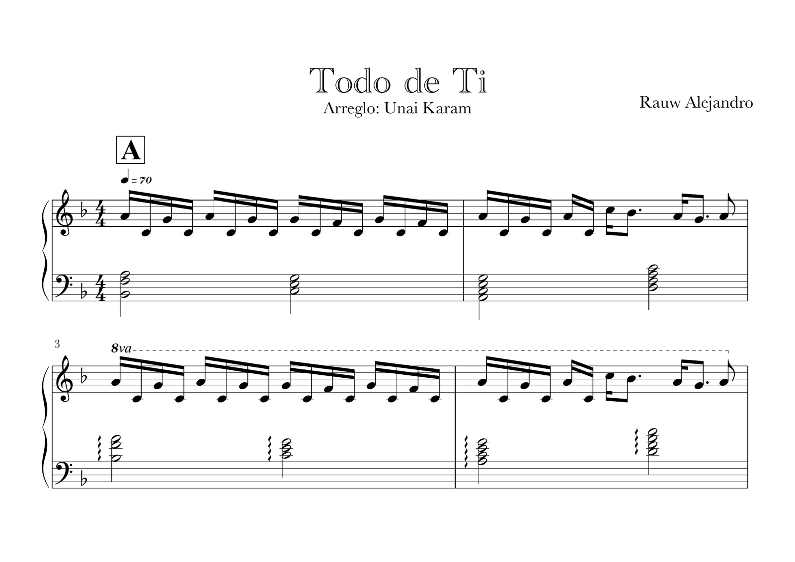 Real first page of the piano sheet music for Todo De Ti