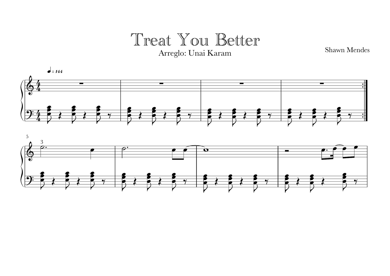 Primera página real de la partitura para piano de Treat You Better
