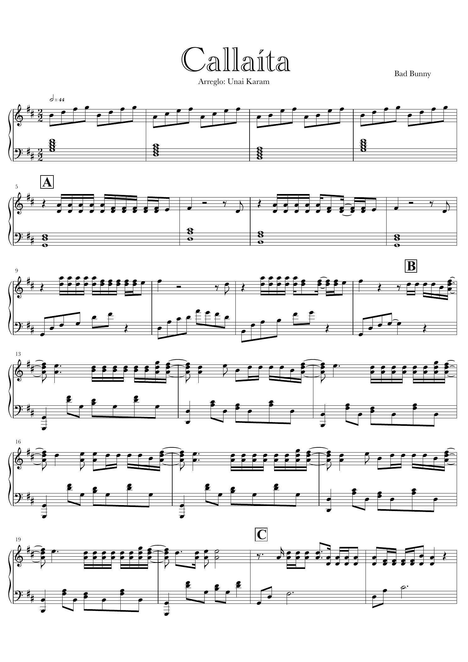 Real first page of the piano sheet music for Callaíta