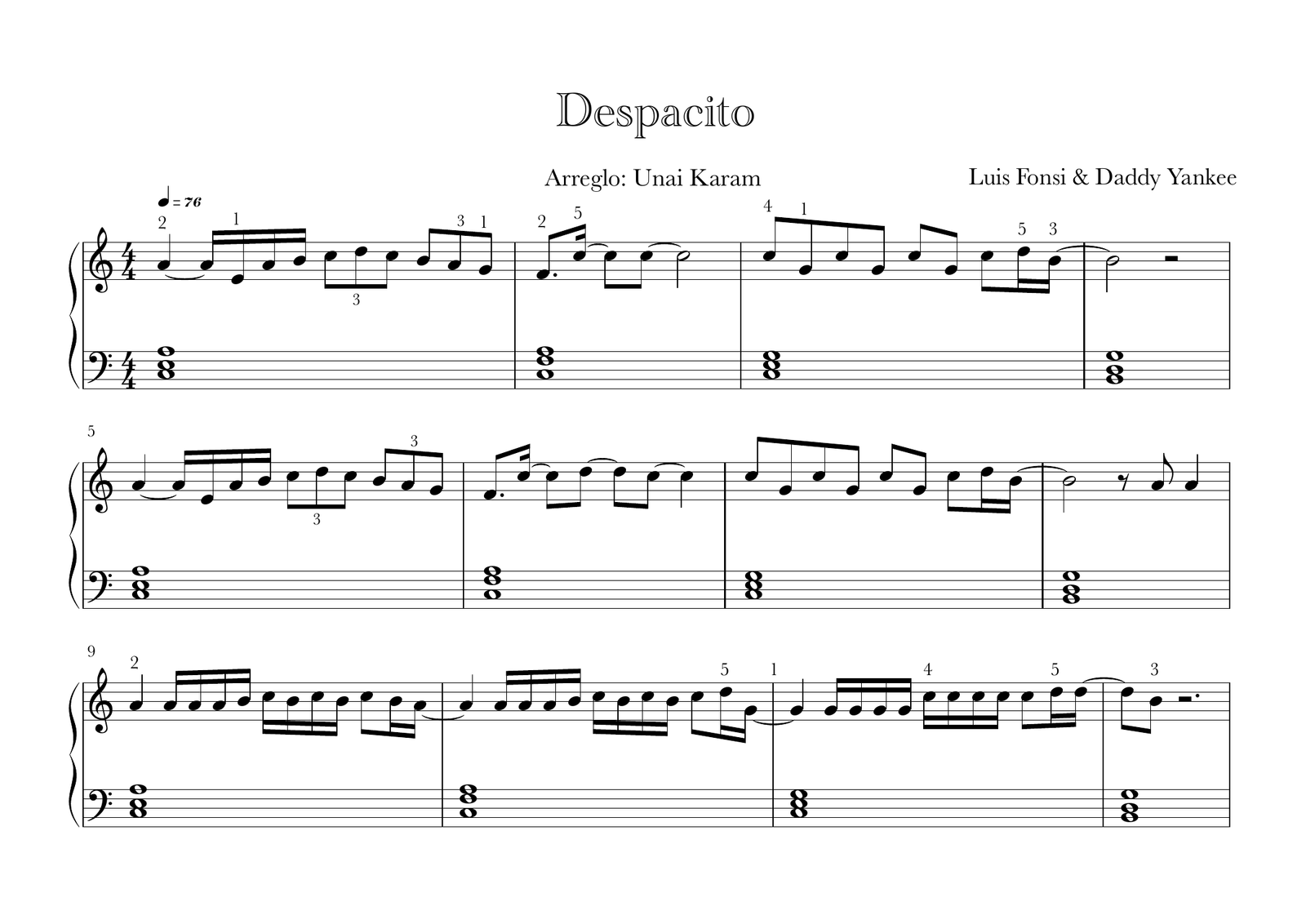 Real first page of the piano sheet music for Despacito