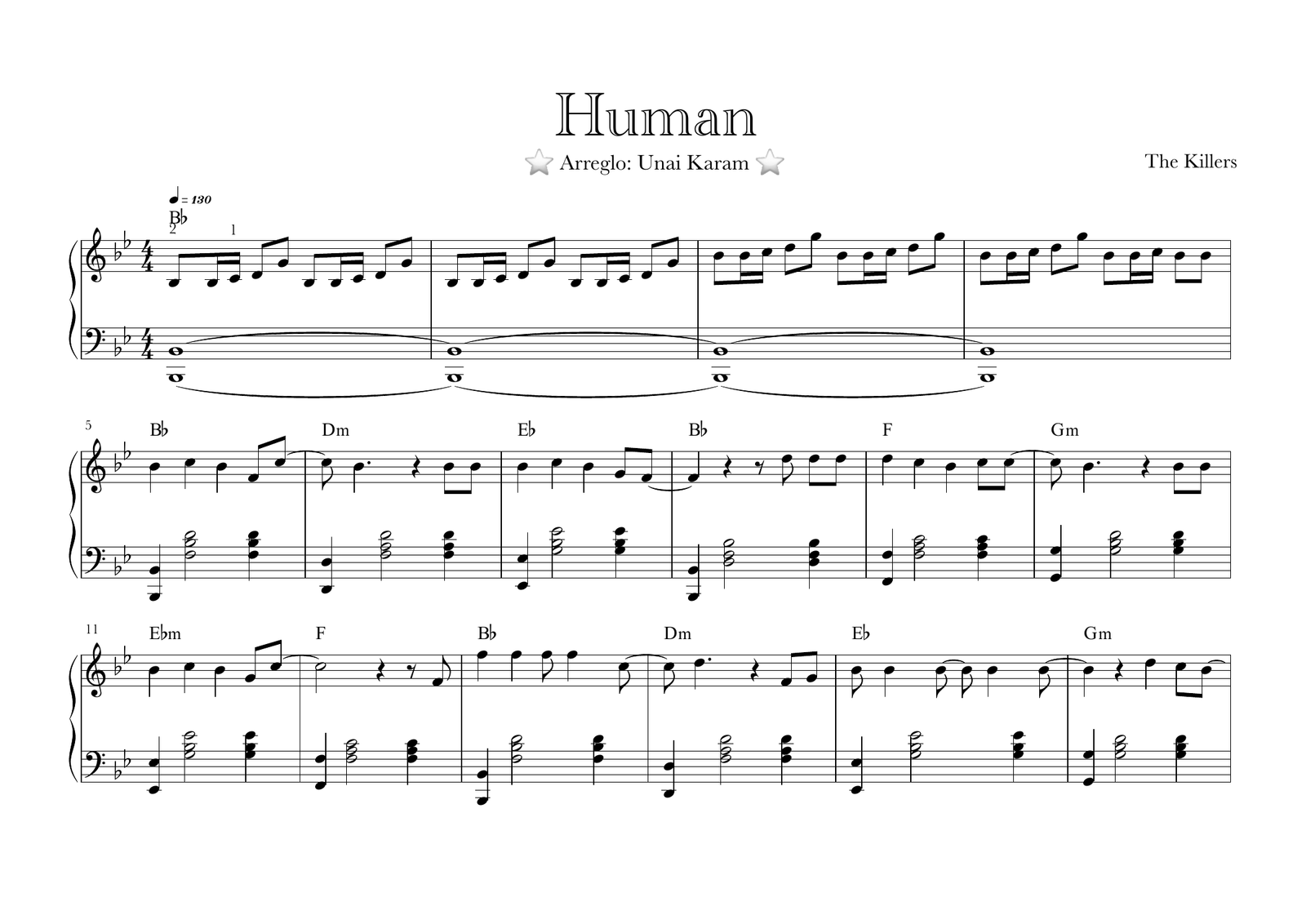 Primera página real de la partitura para piano de Human