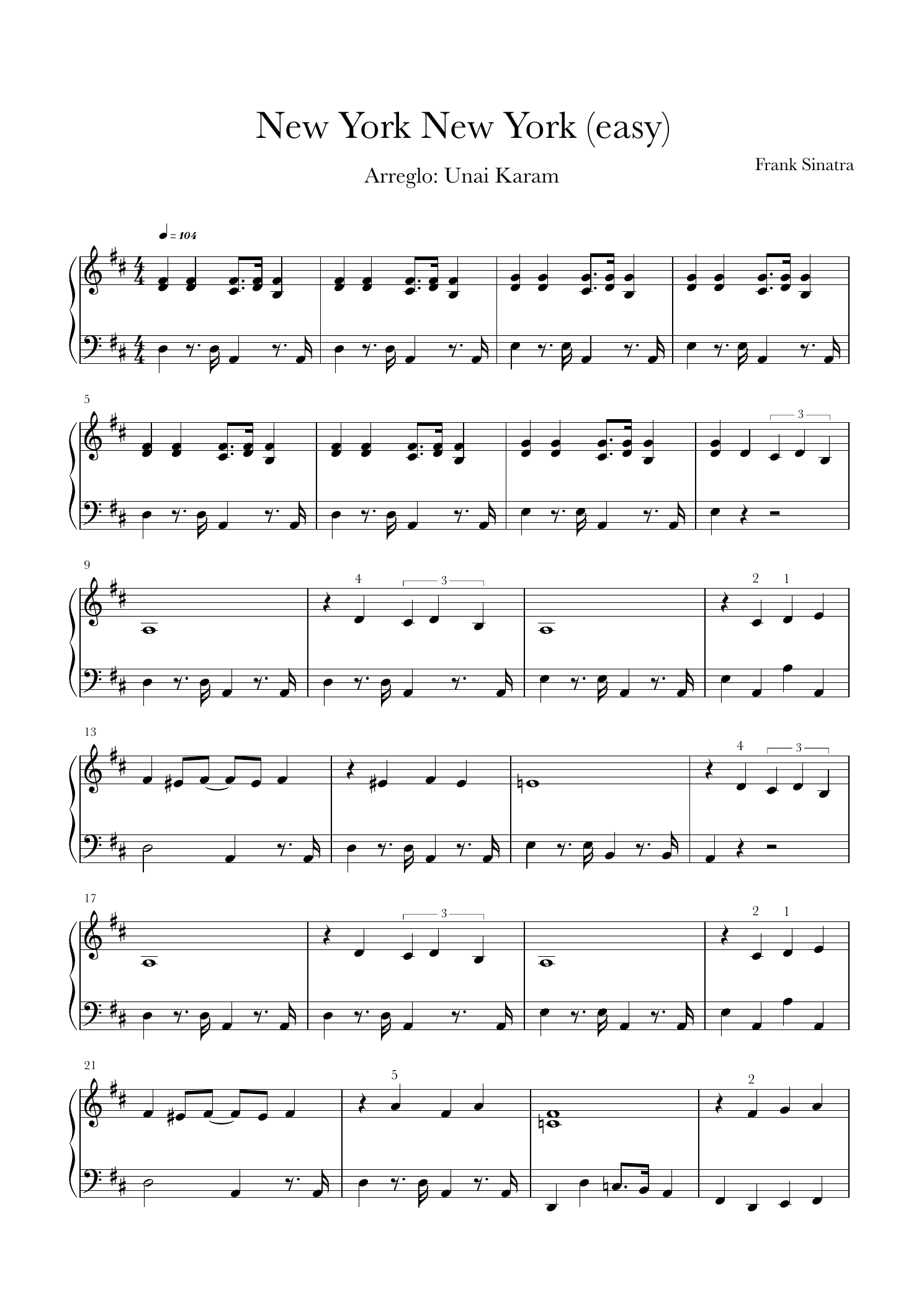 Primera página real de la partitura para piano de New York, New York