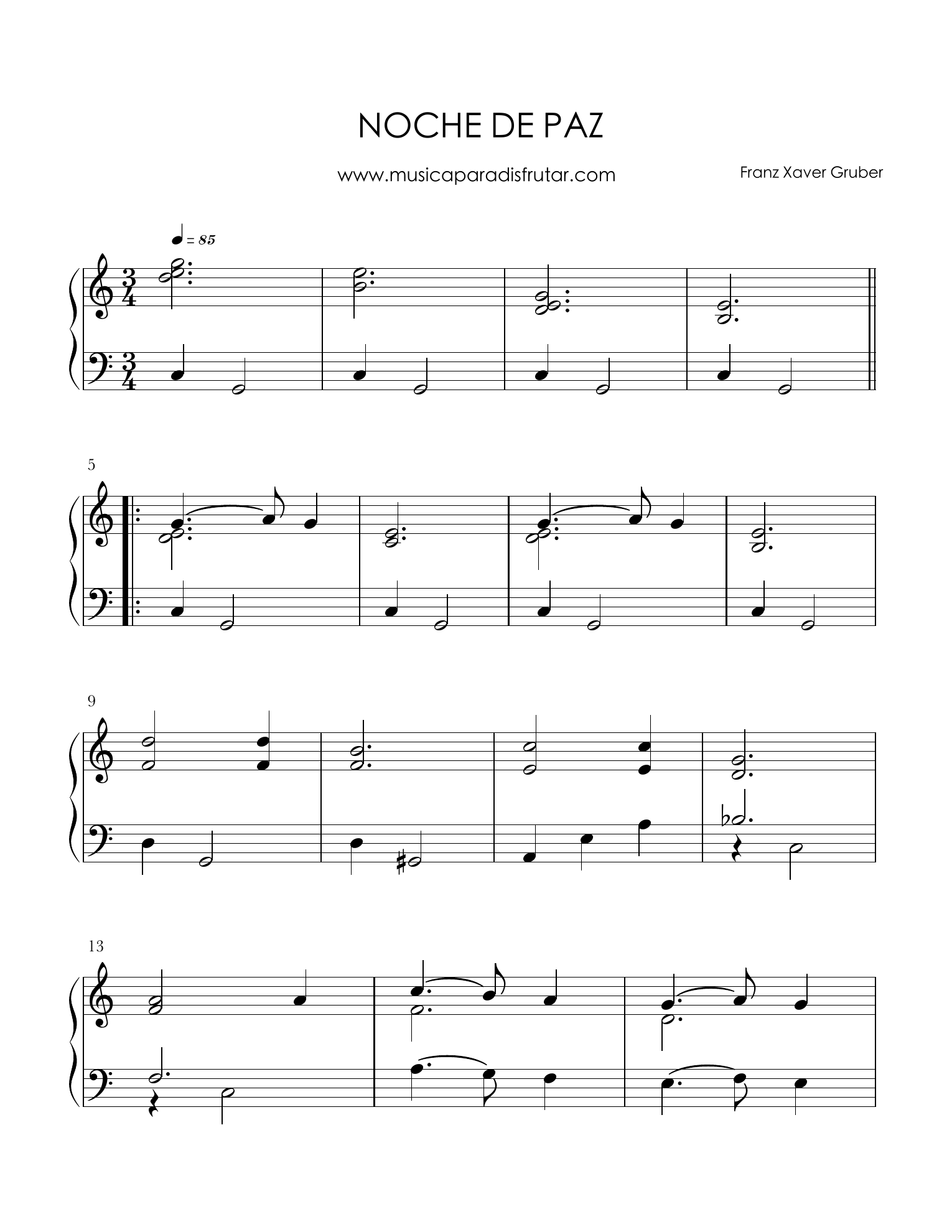 Primera página real de la partitura para piano de Noche de Paz
