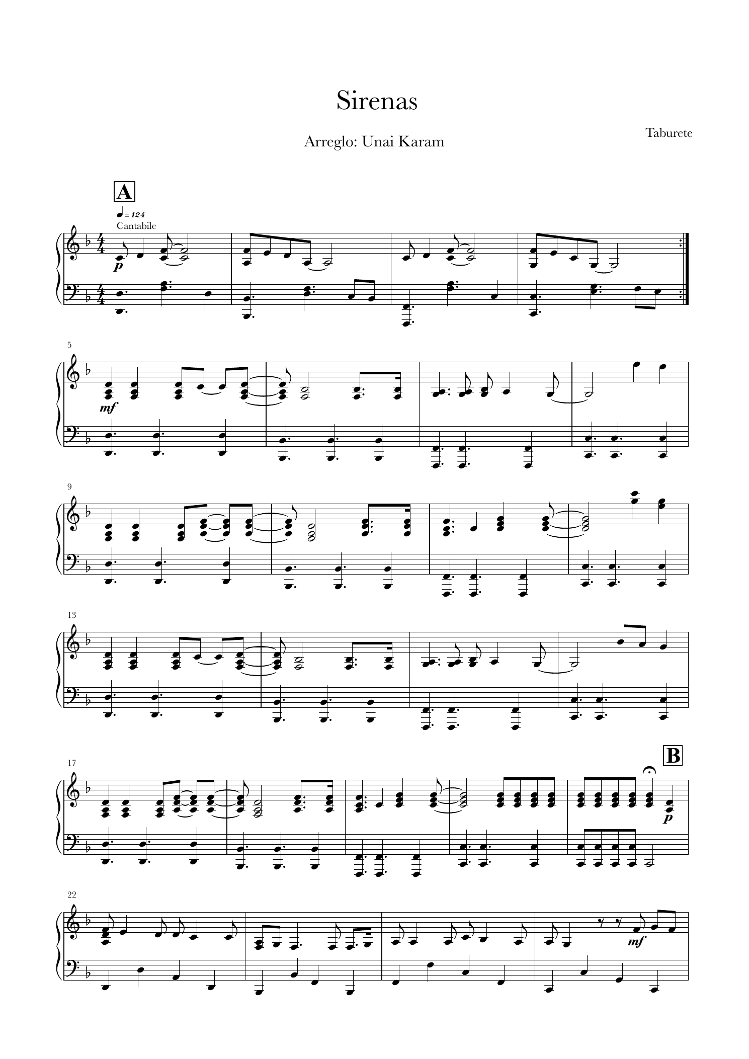 Première page réelle de la partition pour piano de Sirenas