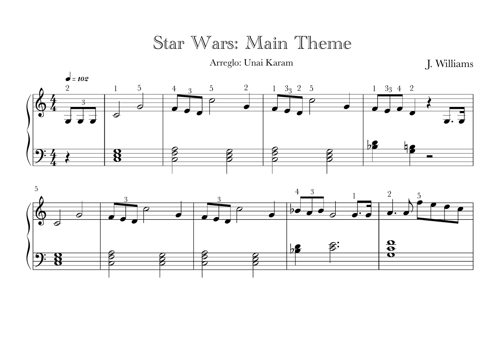 Primera página real de la partitura para piano de Star Wars · Tema principal