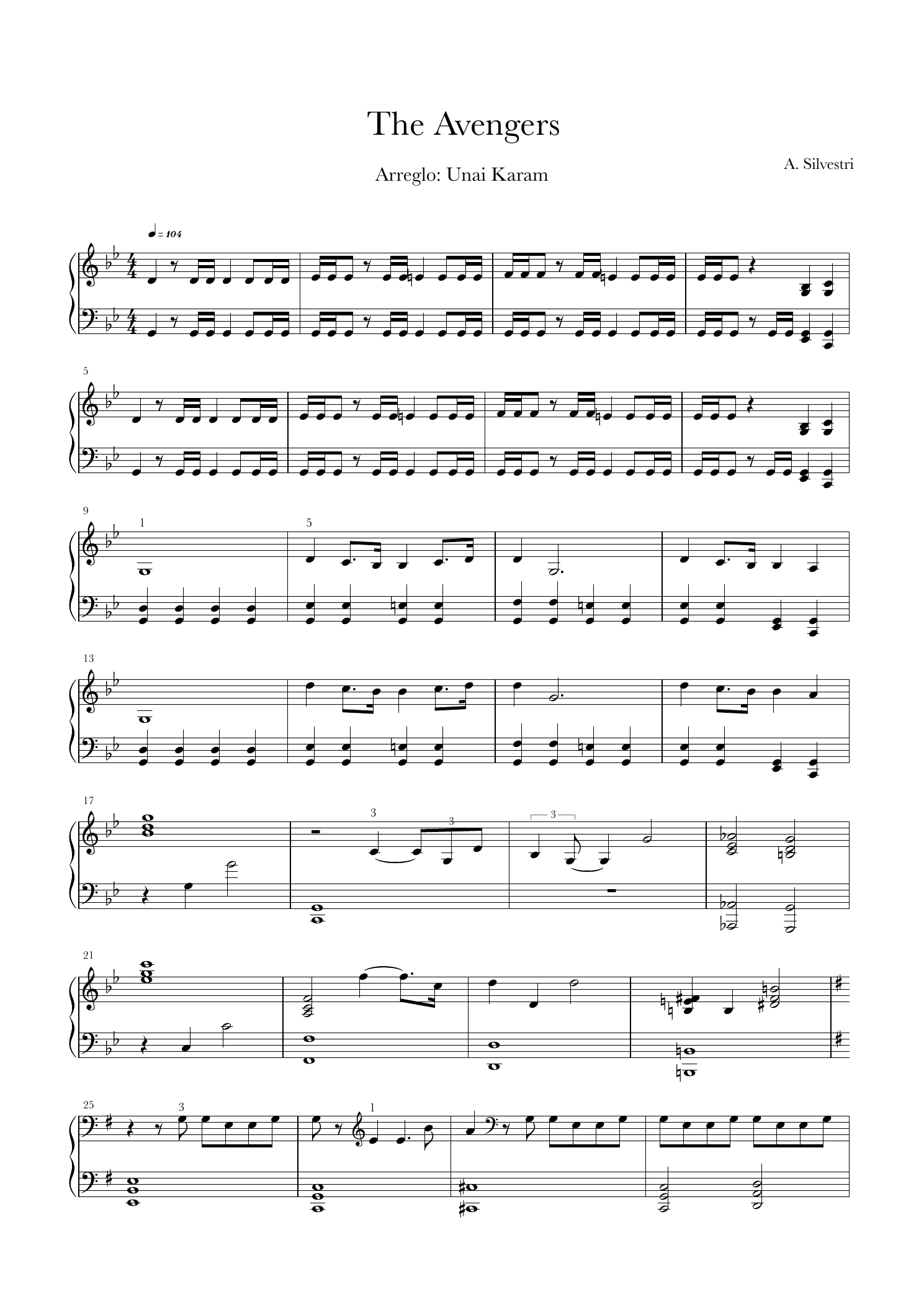 Première page réelle de la partition pour piano de The Avengers