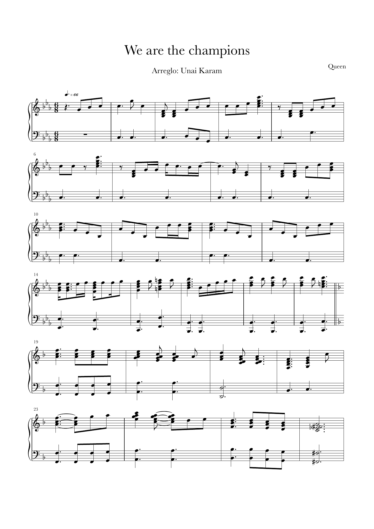 Primera página real de la partitura para piano de We Are The Champions