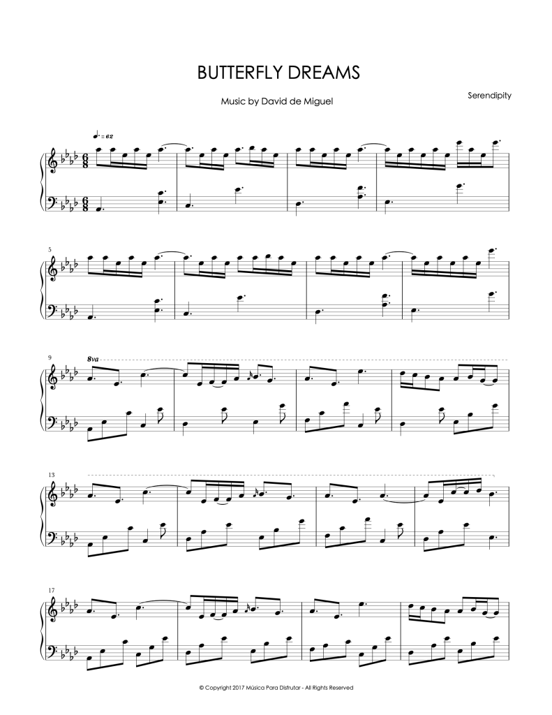 Partitura para piano de Butterfly Dreams, una composición original de David de Miguel