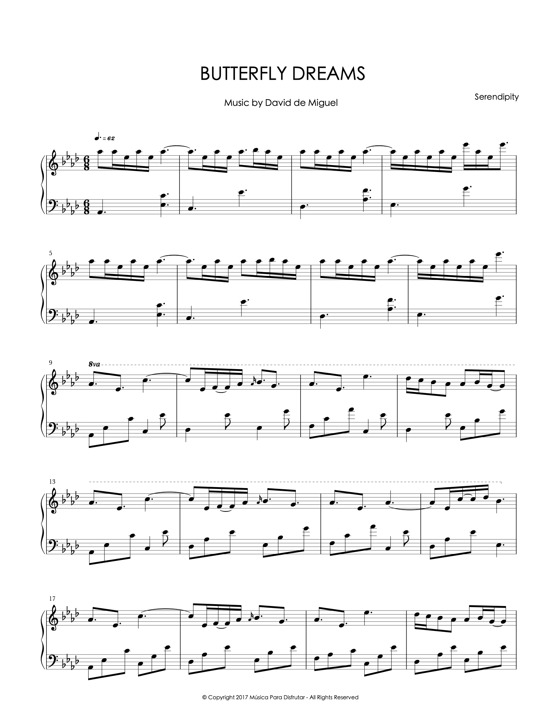 Partitura para piano de Butterfly Dreams, una composición original de David de Miguel