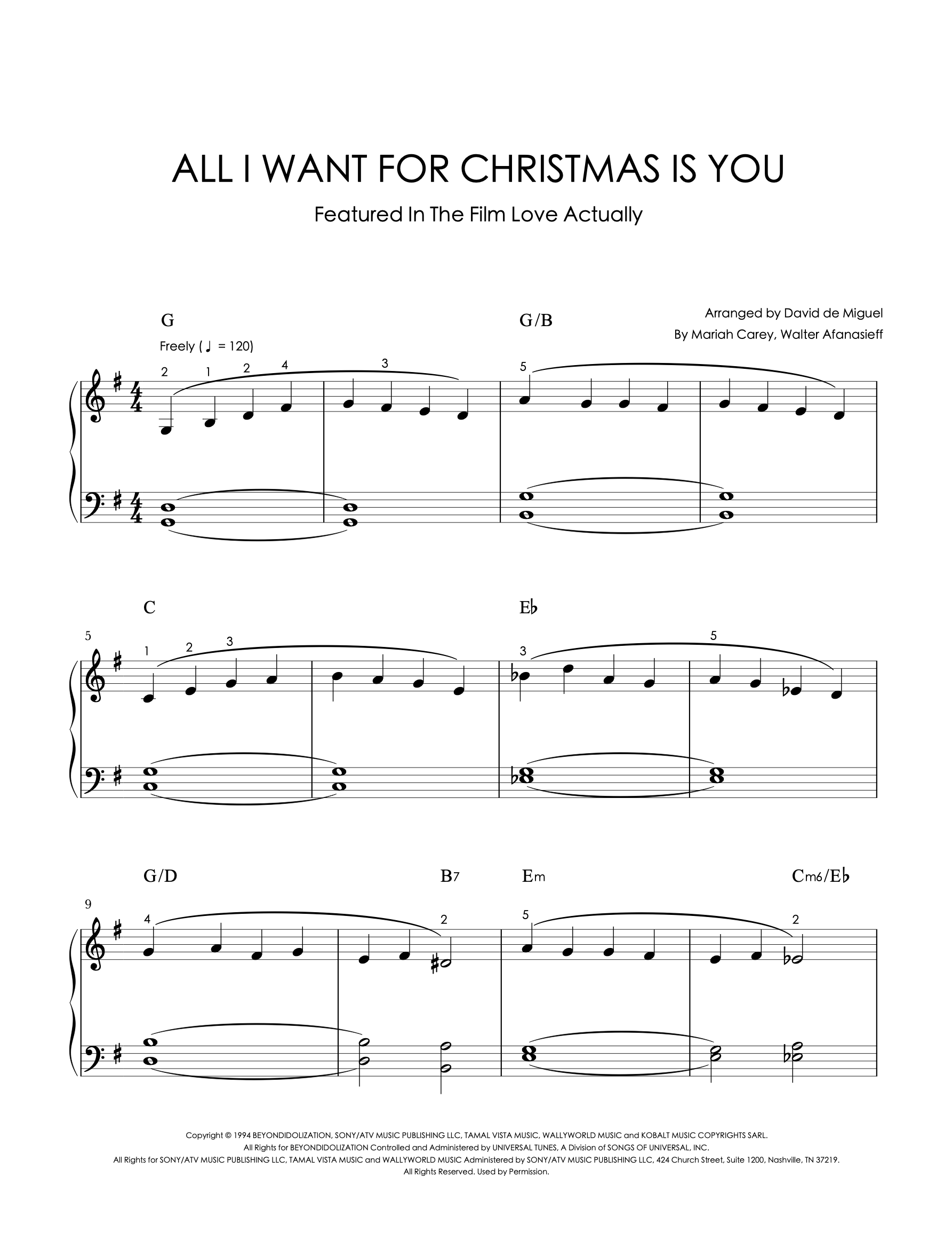 Partitura para piano de ‘All I Want for Christmas Is You’ de Mariah Carey, nivel fácil-intermedio, arreglo de David de Miguel