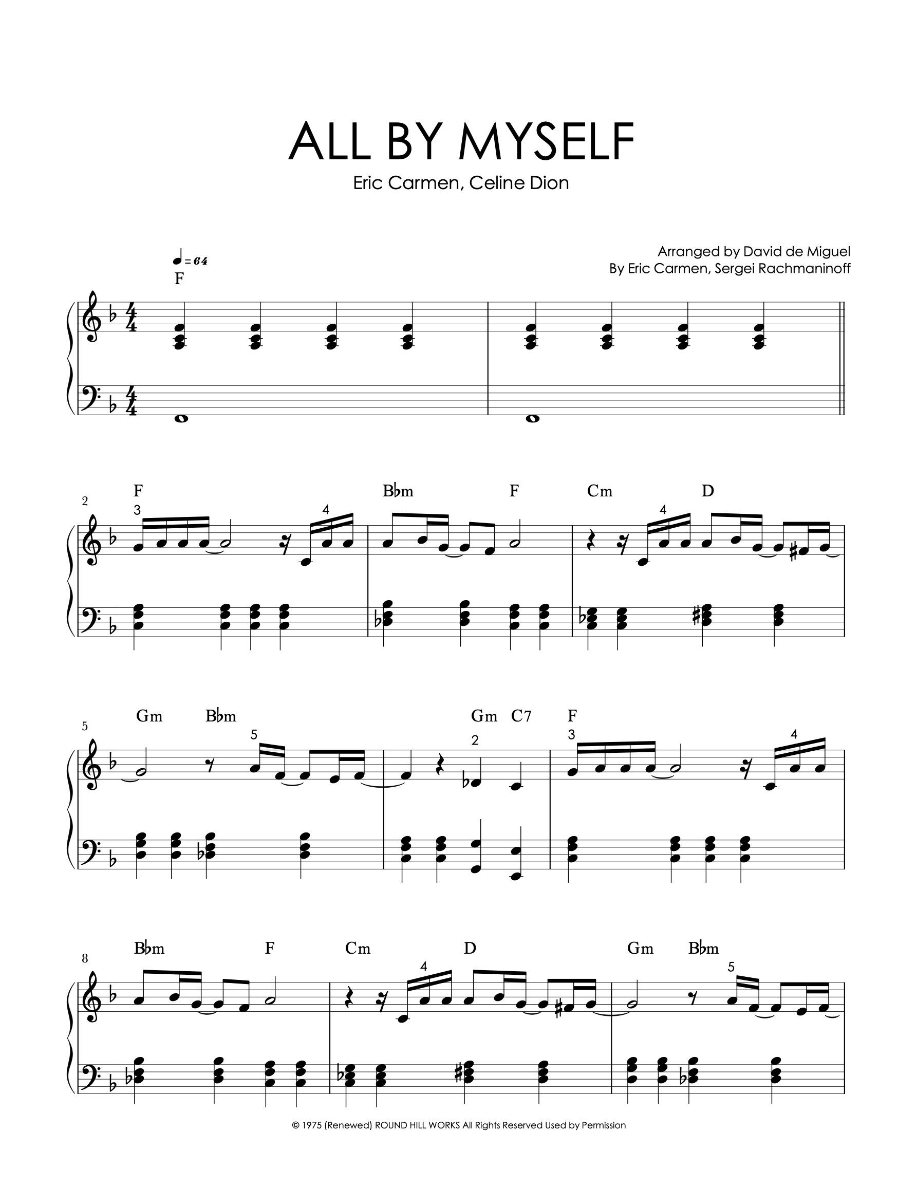 Partitura para piano de ‘All by Myself’ de Céline Dion, nivel intermedio, arreglo de David de Miguel