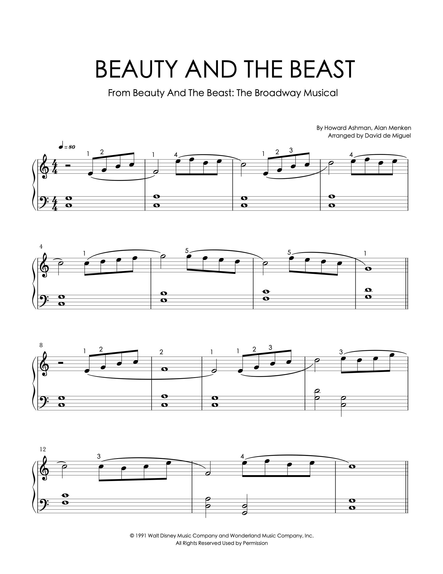 Partituras para piano de ‘Beauty and the Beast’ de Disney, niveles fácil e intermedio, arreglo de David de Miguel