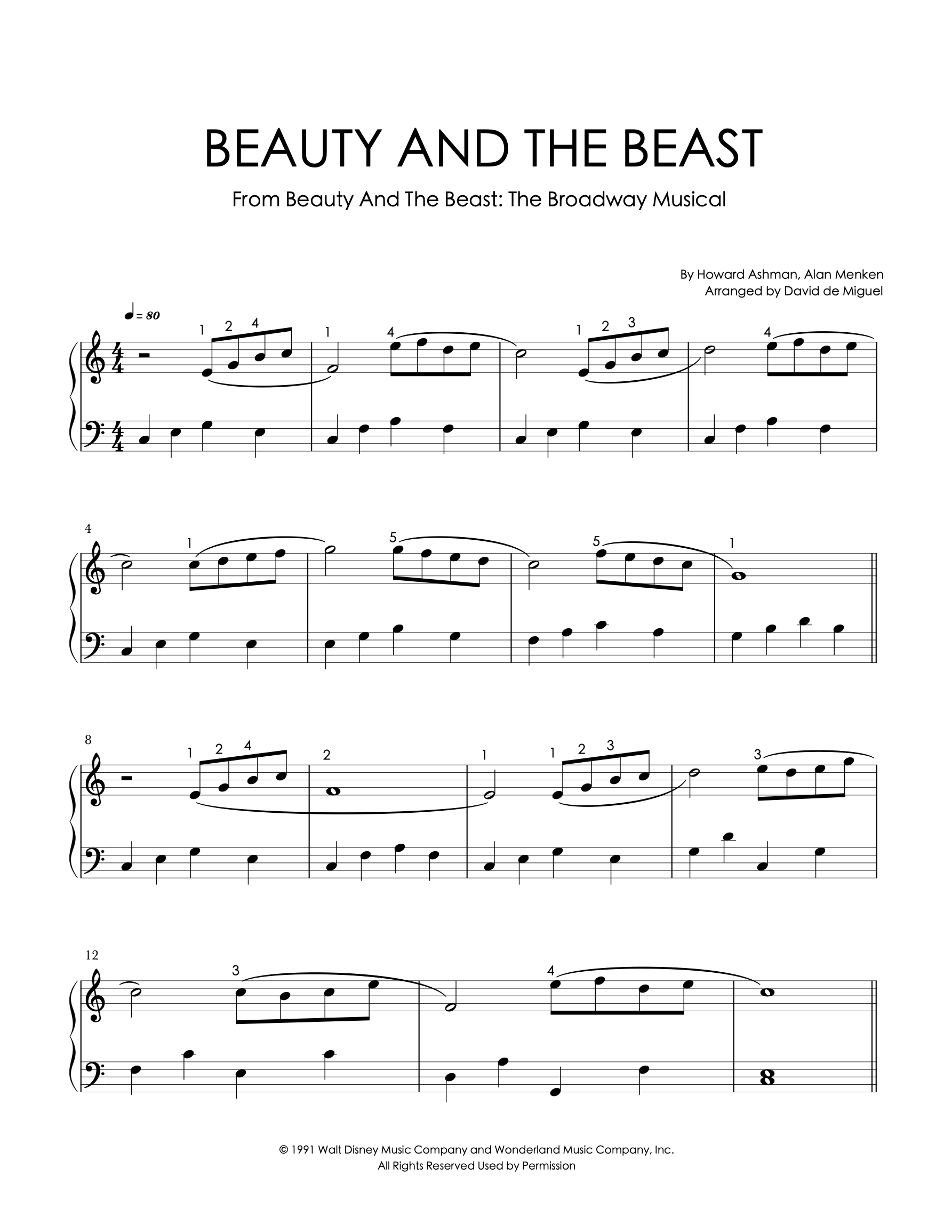 Partituras para piano de ‘Beauty and the Beast’ de Disney, niveles fácil e intermedio, arreglo de David de Miguel