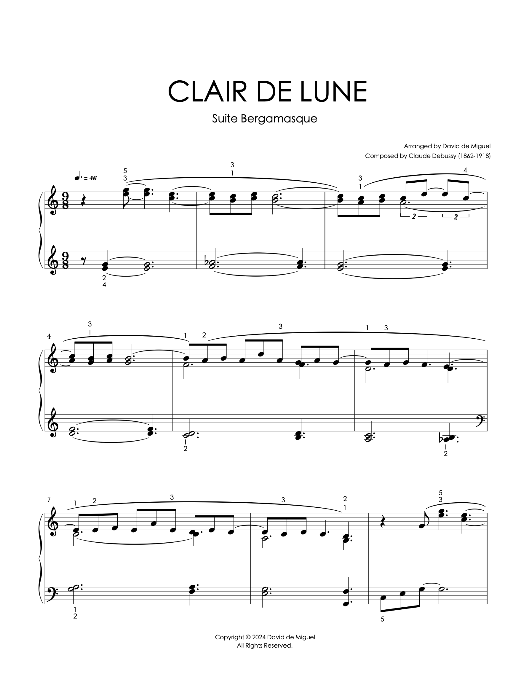 Partitura para piano de ‘Clair de Lune’ de Claude Debussy, nivel intermedio, arreglo de David de Miguel