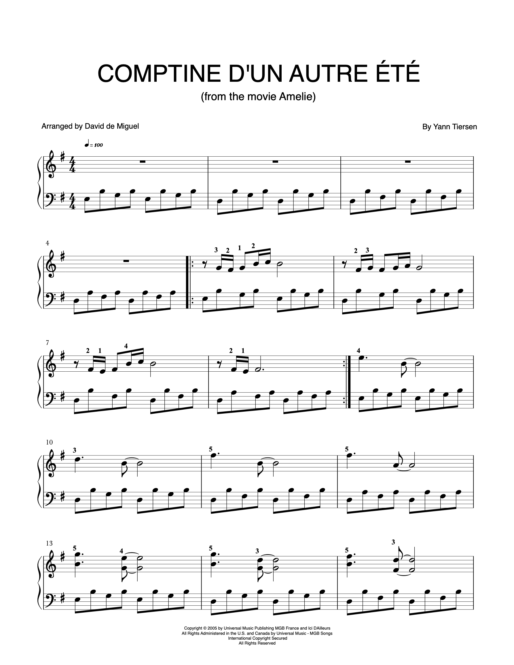 Partitura para piano de Comptine d’un autre été de Yann Tiersen, nivel medio, arreglo de David de Miguel