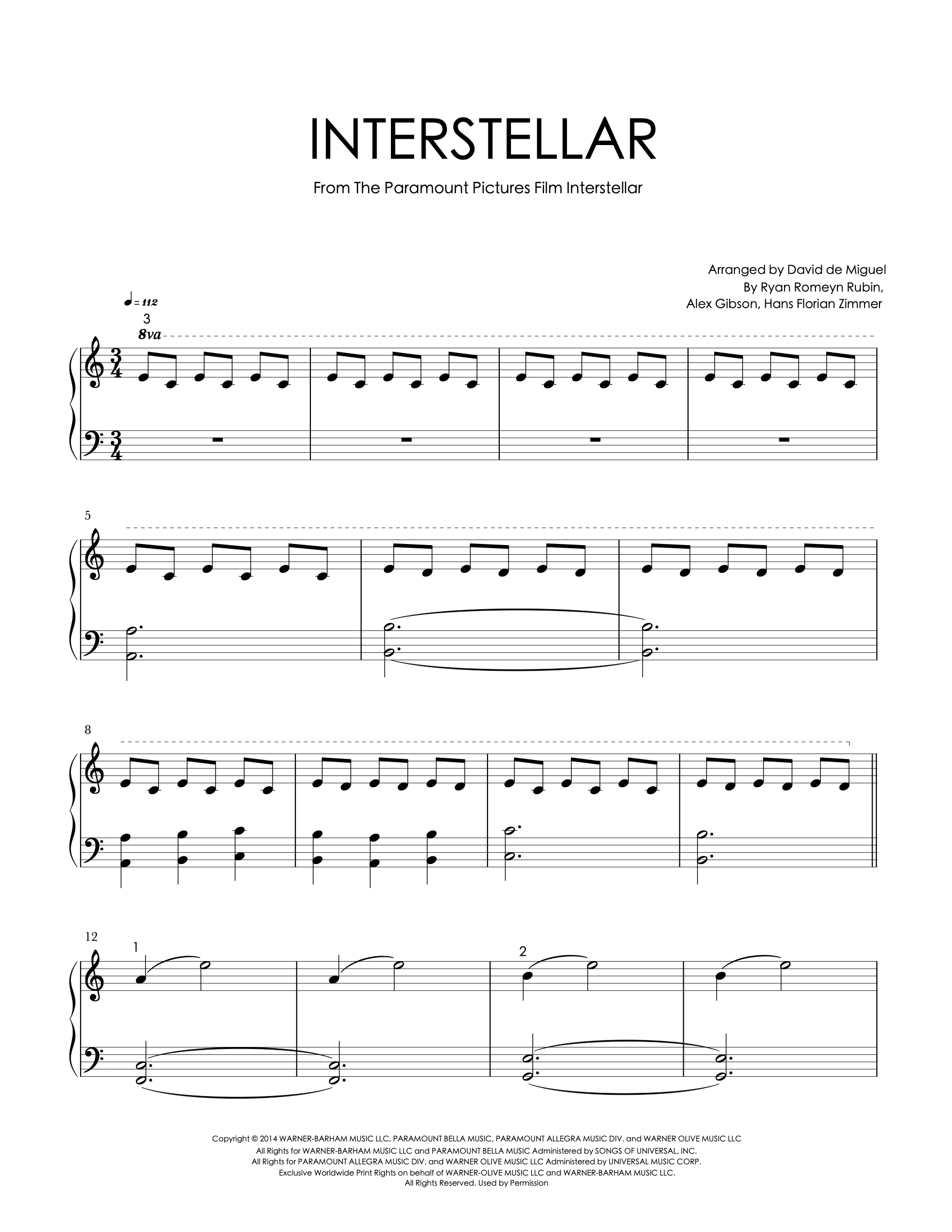 Partituras para piano de Interstellar de Hans Zimmer, niveles fácil e intermedio, arreglos de David de Miguel