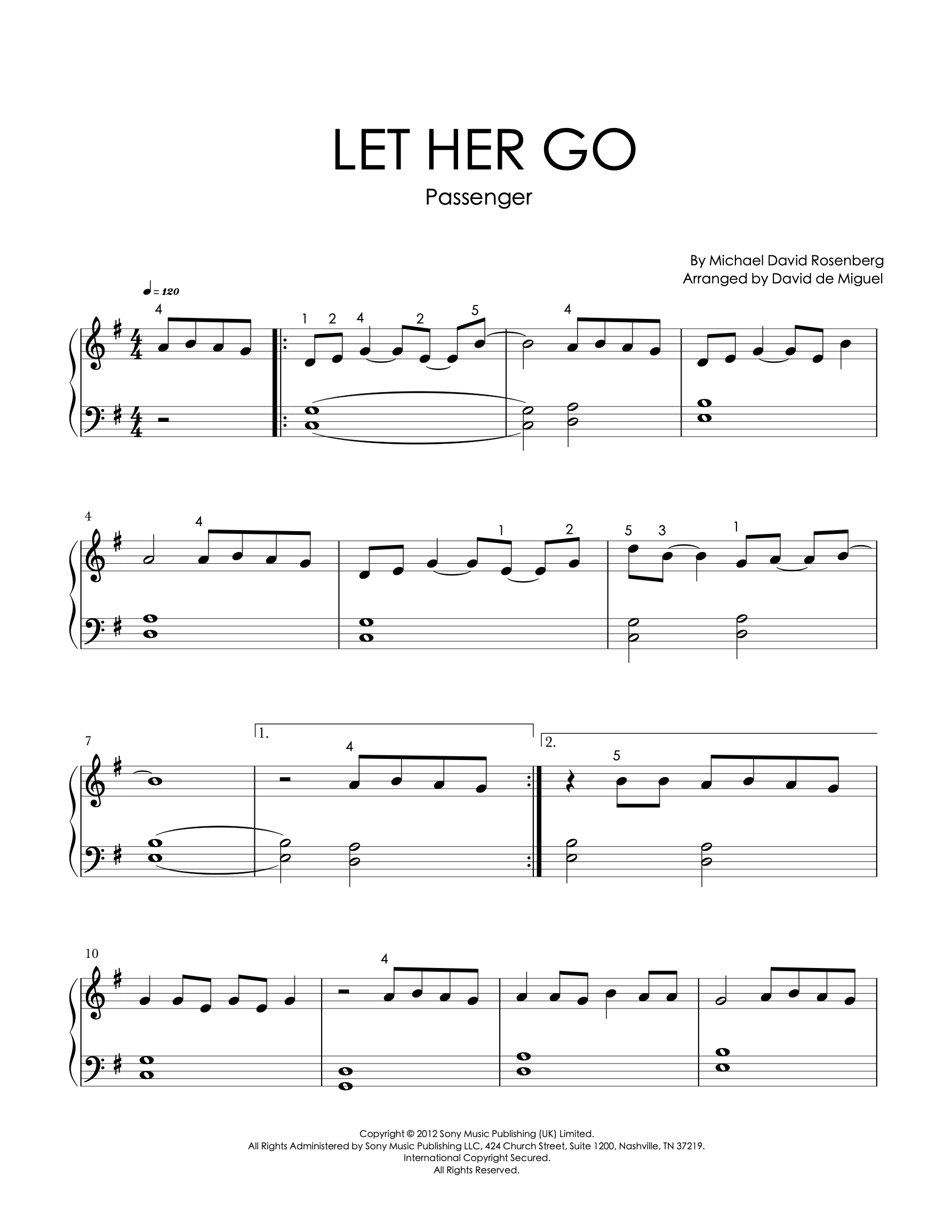 Partitura para piano de Let Her Go de Passenger, nivel intermedio, arreglo de David de Miguel