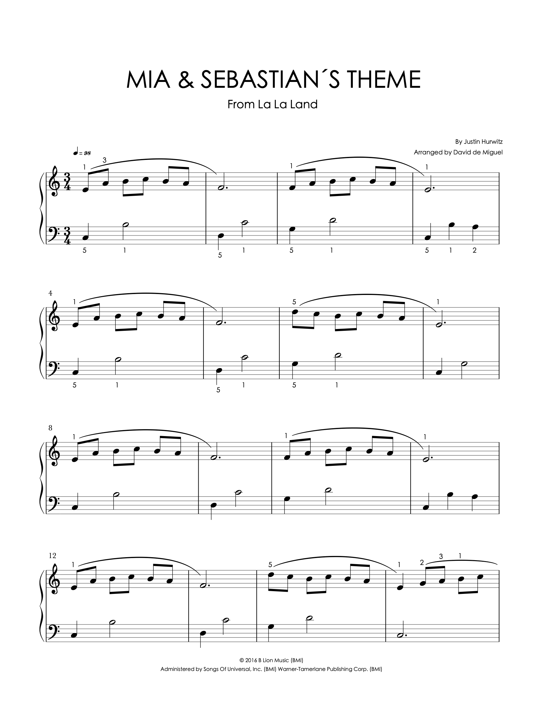 Partitura para piano de Mia & Sebastian’s Theme de La La Land, nivel intermedio, arreglo de David de Miguel