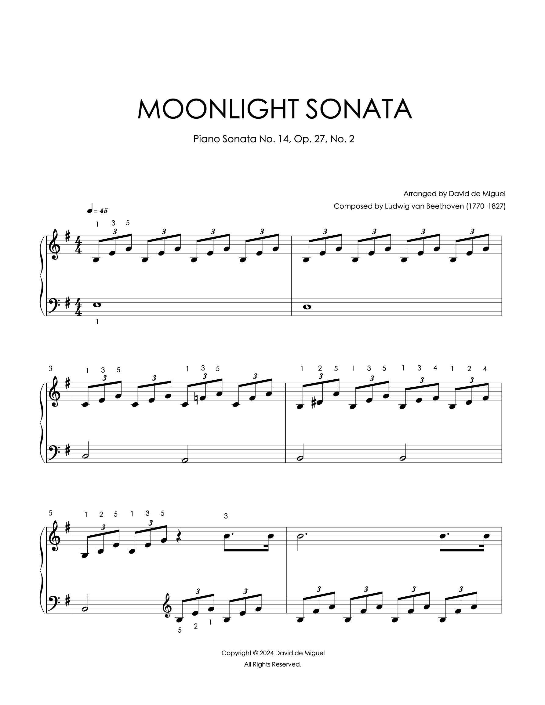 Partitura para piano de Moonlight Sonata de Beethoven, nivel fácil, arreglo de David de Miguel