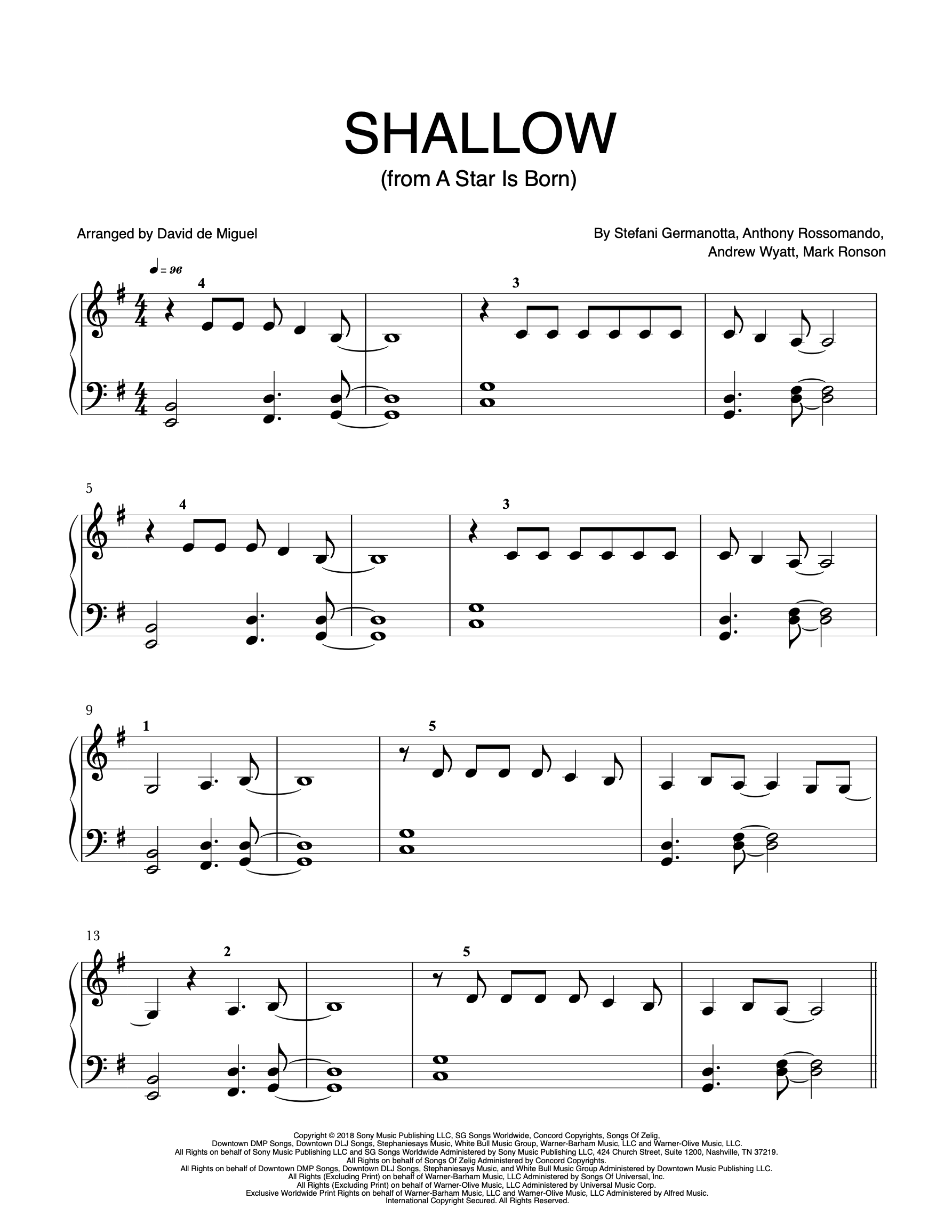 Partitura para piano de Shallow de A Star Is Born, nivel intermedio, arreglo de David de Miguel