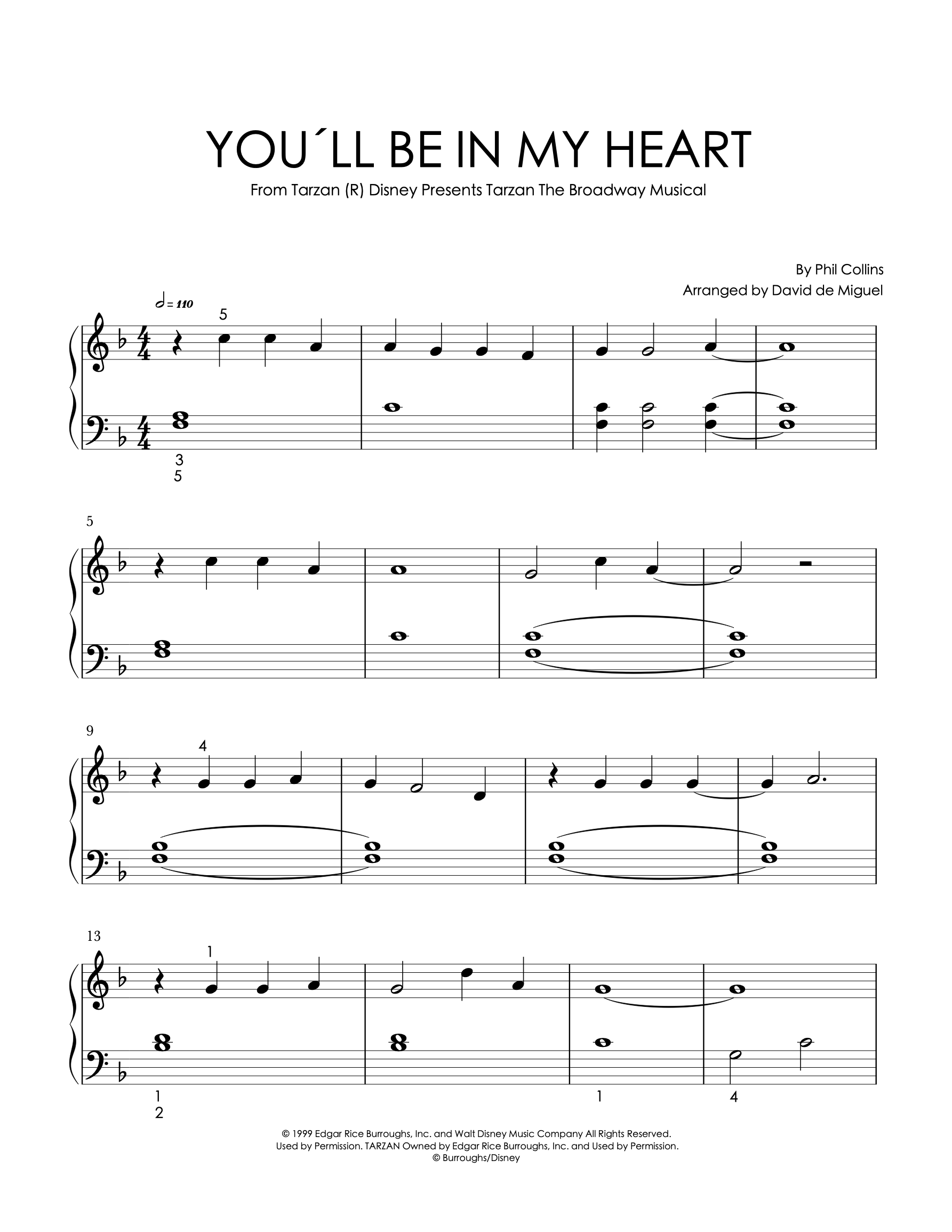 Partitura para piano de You’ll Be In My Heart de Tarzan, nivel fácil, arreglo de David de Miguel