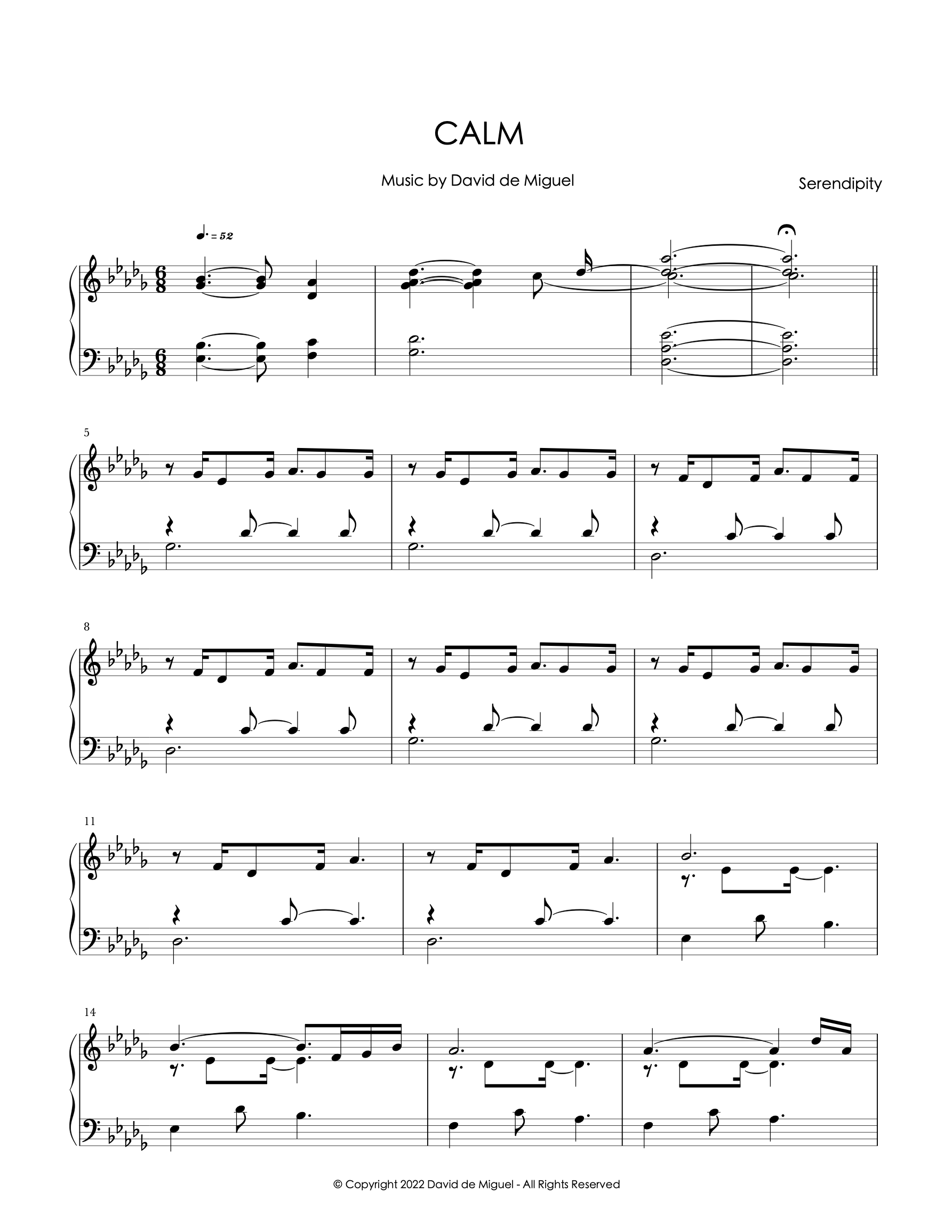 Partitura para piano de Calm, una composición original de David de Miguel