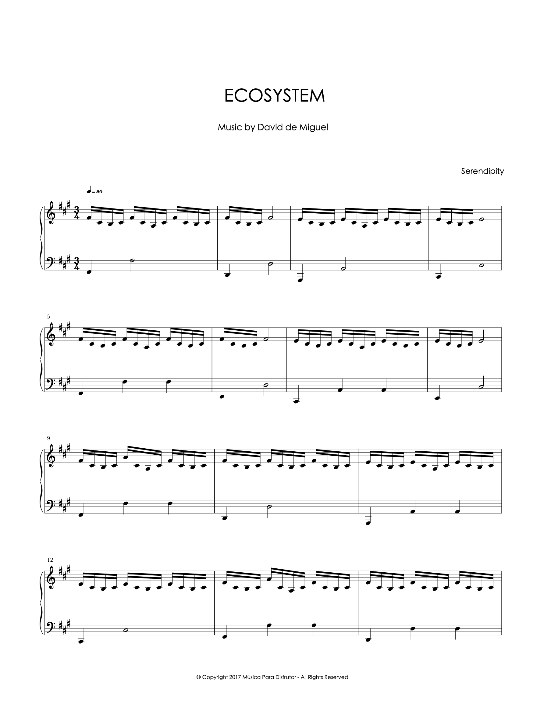 Partitura para piano de Ecosystem, una composición original de David de Miguel