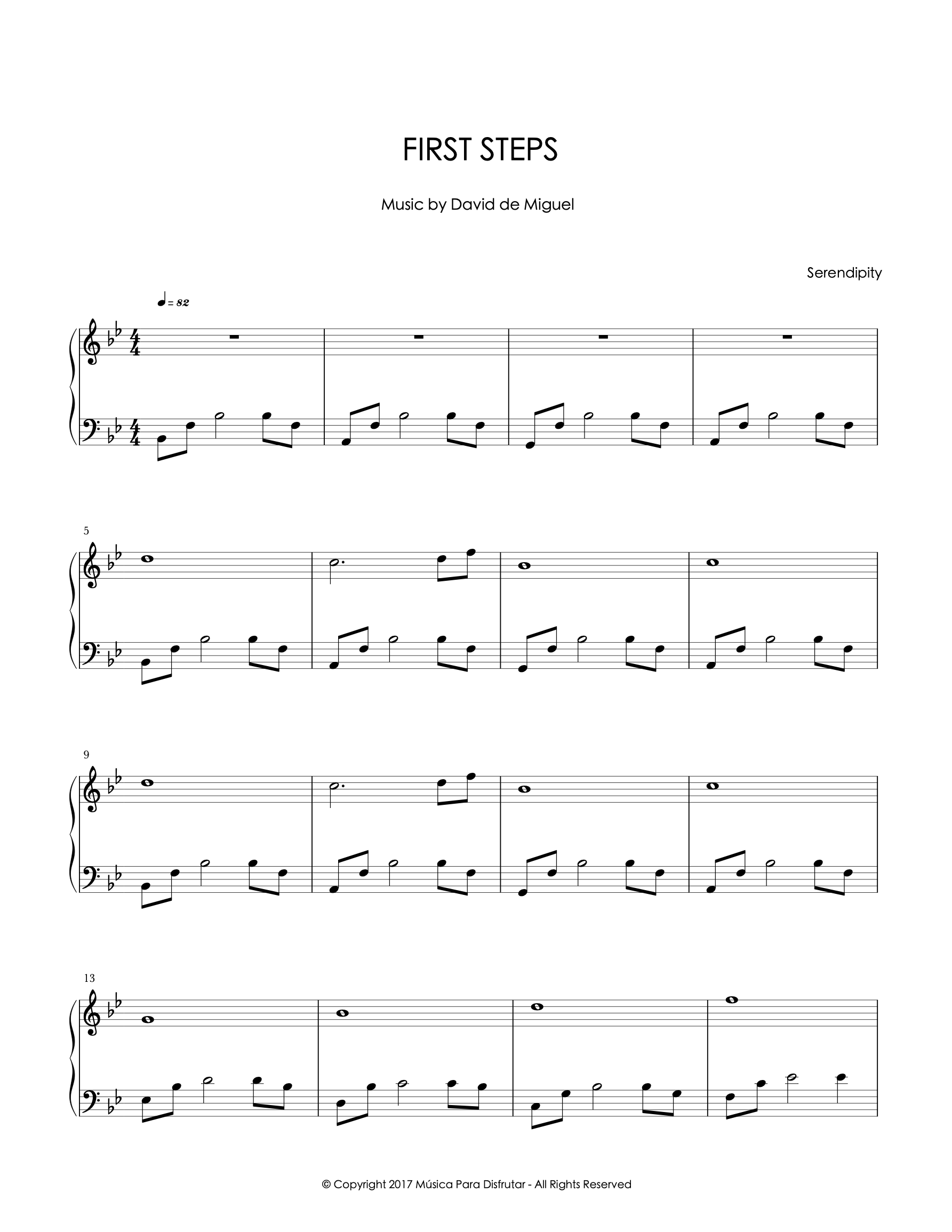 Partitura para piano de First Steps, una composición original de David de Miguel