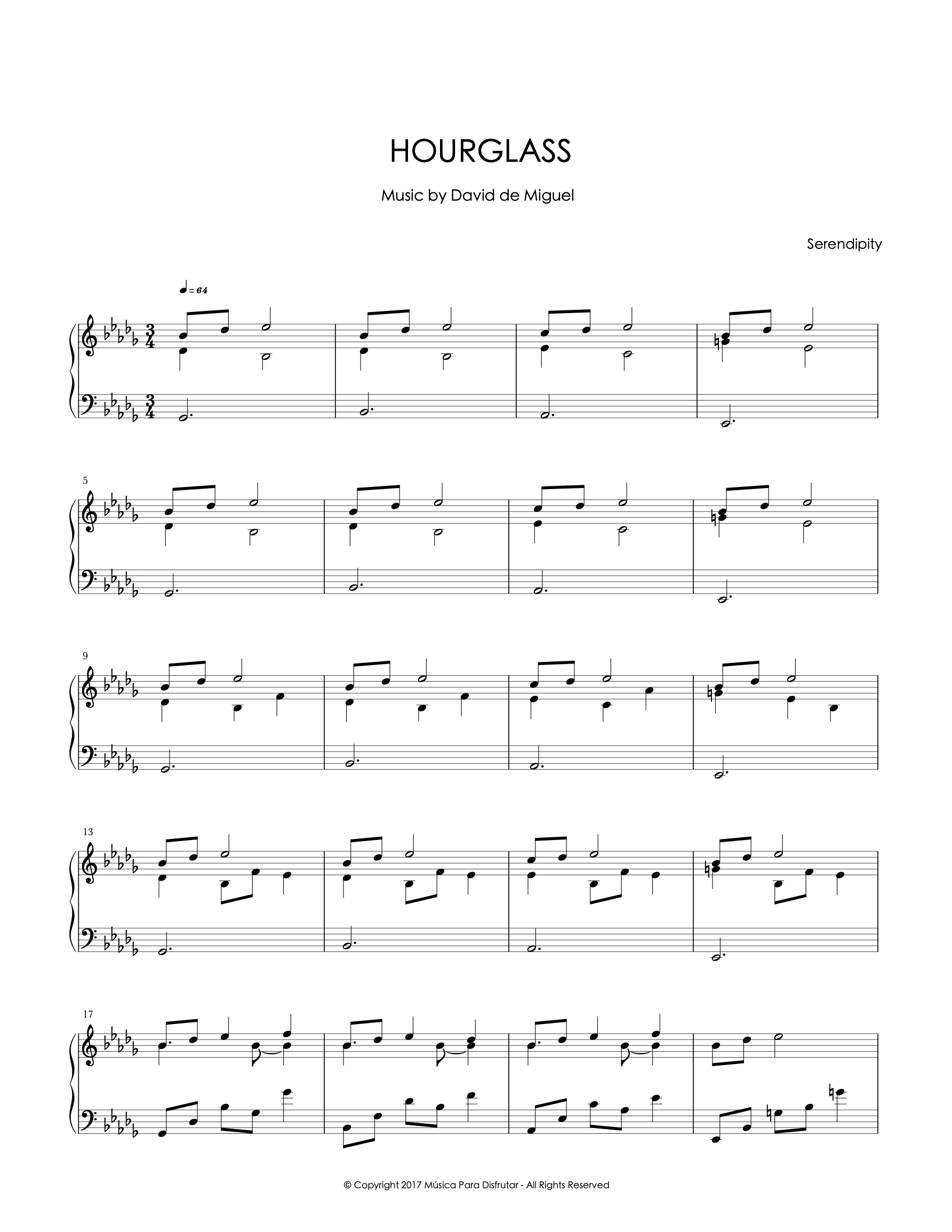 Partitura para piano de Hourglass, una composición original de David de Miguel