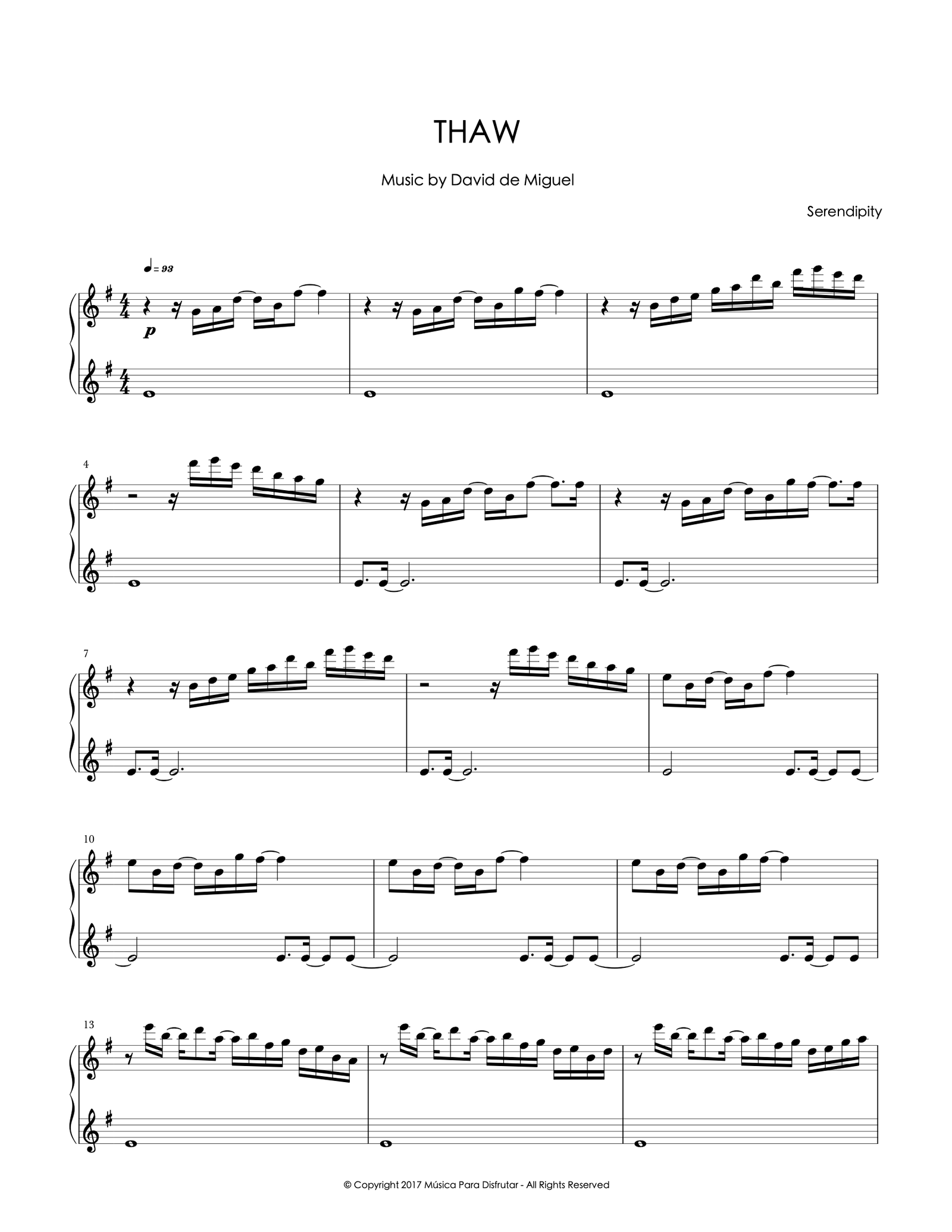 Partitura para piano de Thaw, una composición original de David de Miguel