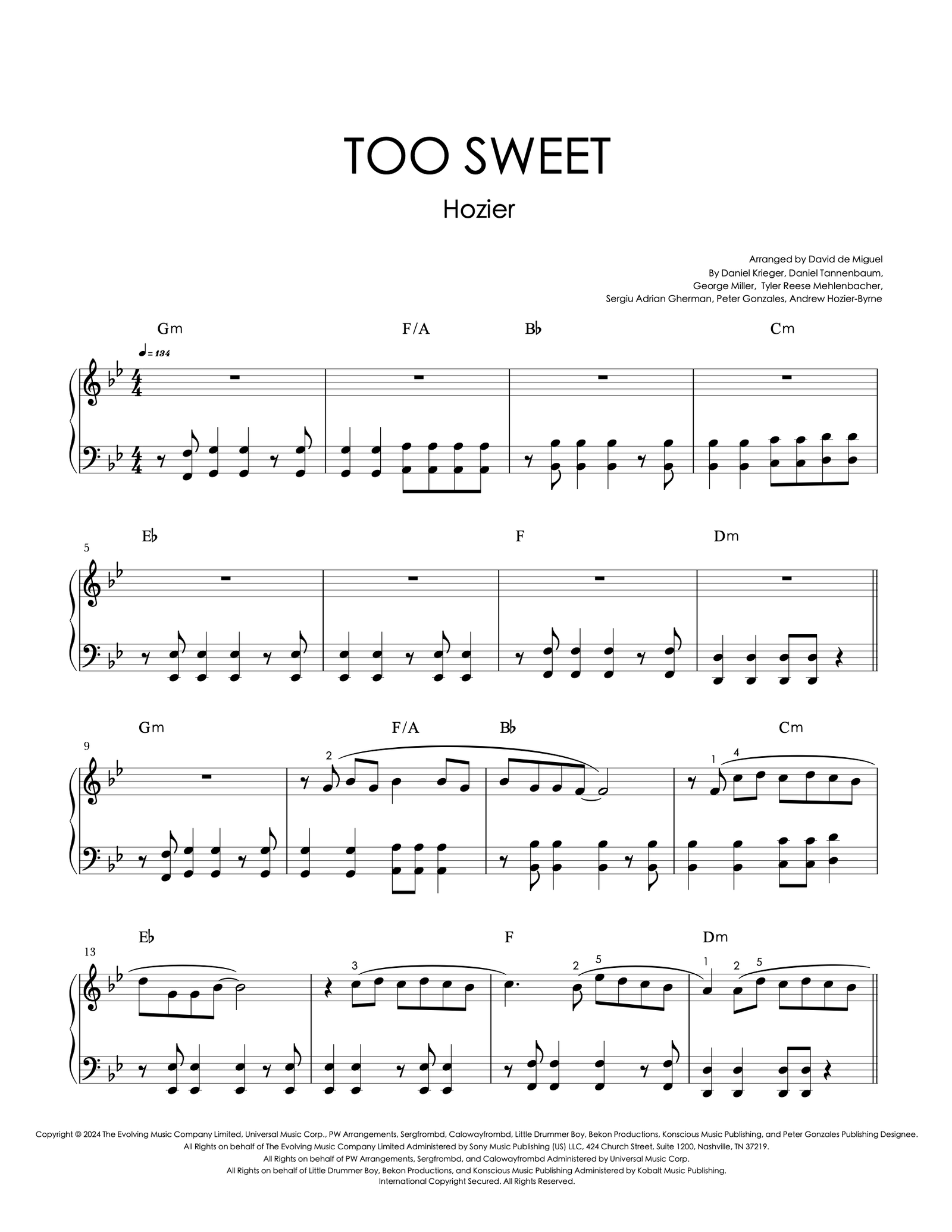 Partitura para piano de Too Sweet de Hozier, nivel avanzado, arreglo de David de Miguel