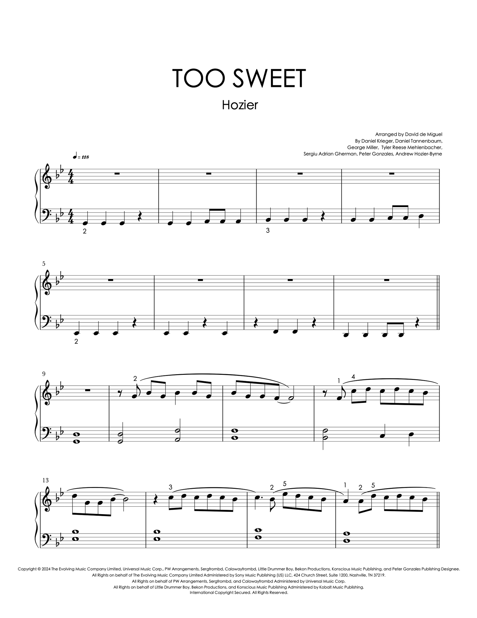 Partitura para piano de Too Sweet de Hozier, nivel fácil, arreglo de David de Miguel