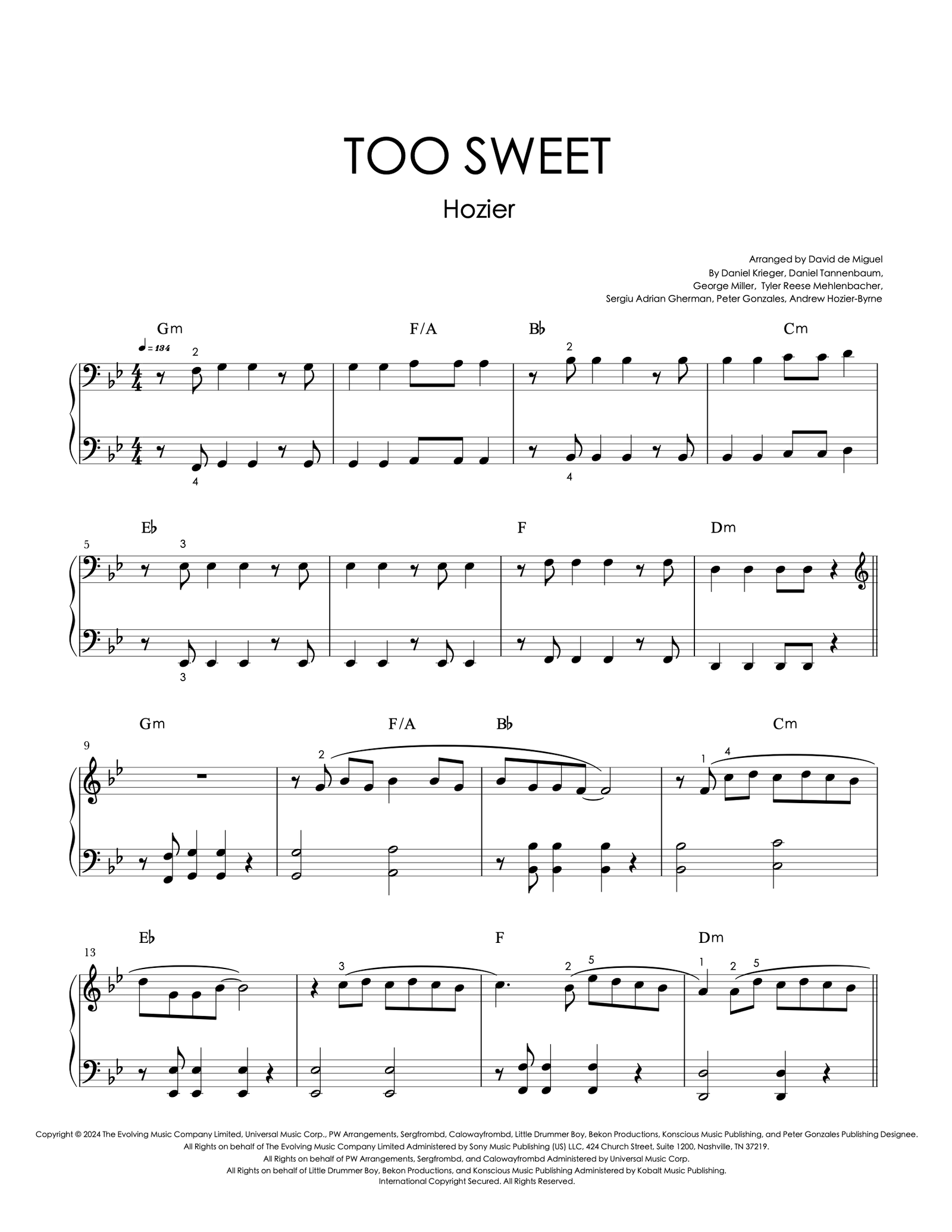 Partitura para piano de Too Sweet de Hozier, nivel intermedio, arreglo de David de Miguel