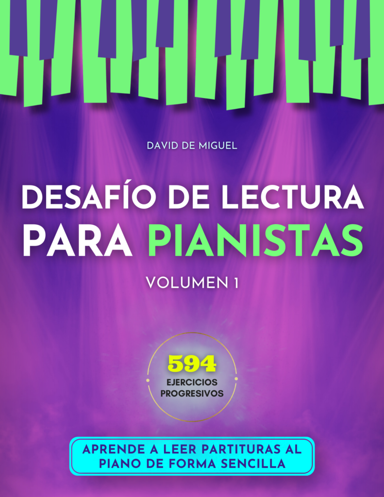 Portada del libro Desafío de Lectura para Pianistas Volumen 1, método de lectura musical con 594 ejercicios progresivos.