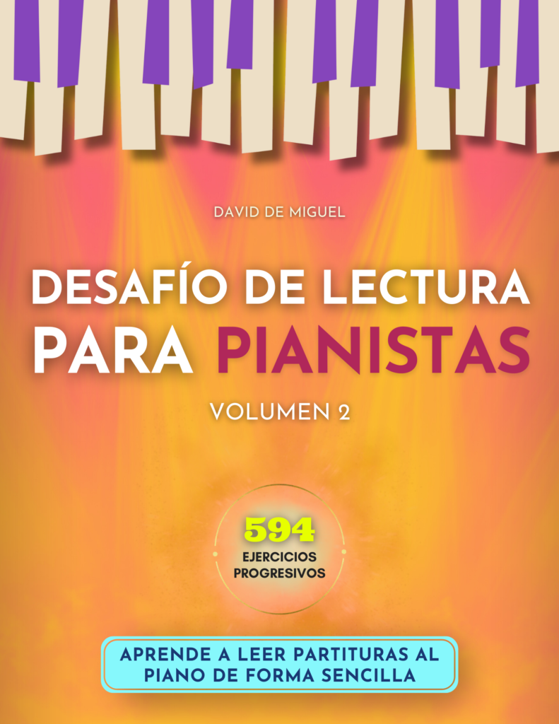 Portada del libro Desafío de Lectura para Pianistas Volumen 2, método de lectura musical con 594 ejercicios progresivos