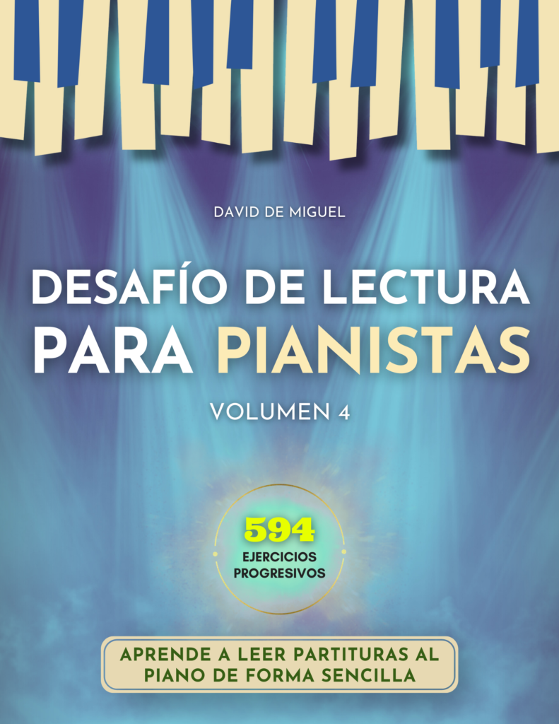 Portada del libro Desafío de Lectura para Pianistas Volumen 4, método de lectura musical con 594 ejercicios progresivos.