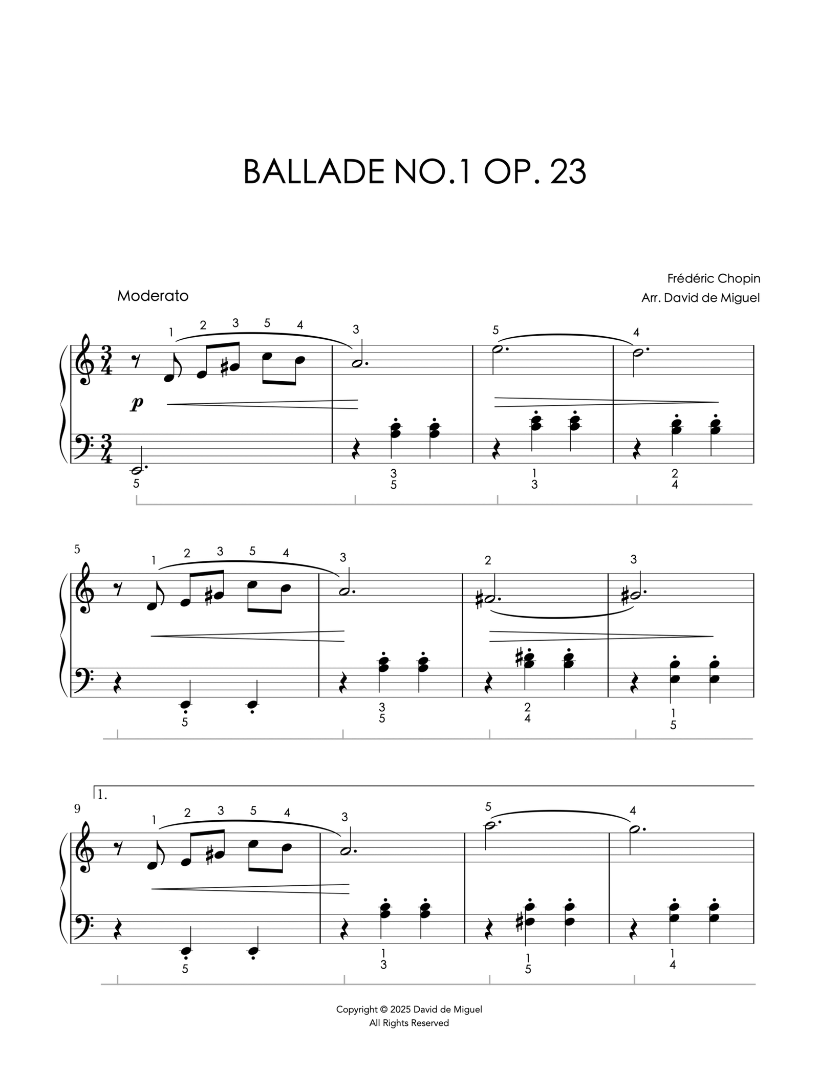 Fragmento de la partitura de la Ballade No. 1 Op. 23 de Chopin en versión fácil para piano.