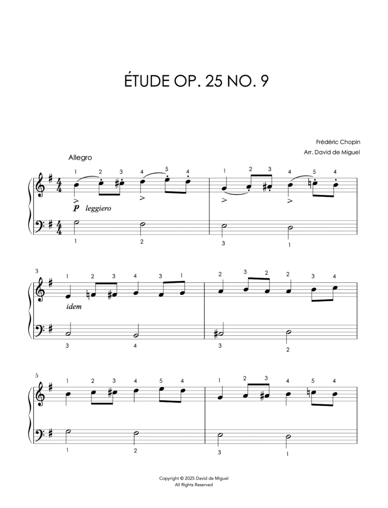 Fragmento de la partitura de la Étude Op. 25 No. 9 de Chopin en versión fácil para piano.