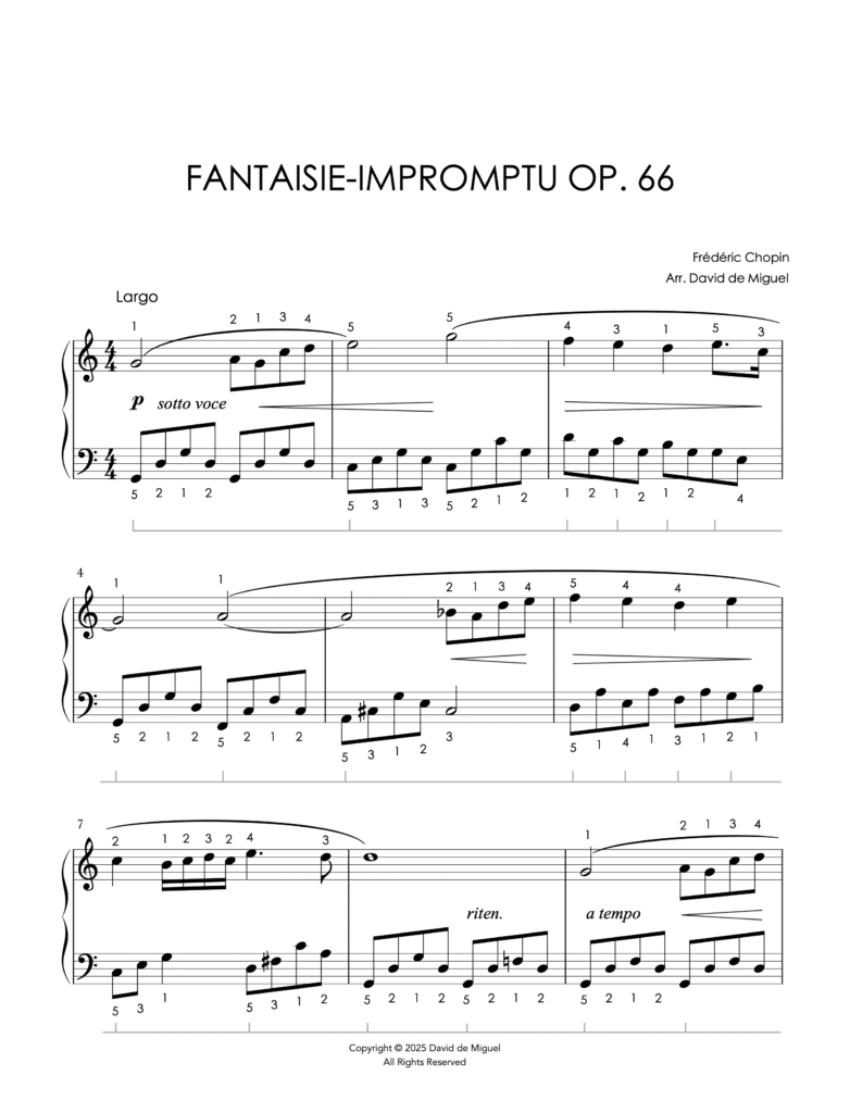 Fragmento de la partitura de la Fantaisie-Impromptu Op. 66 de Chopin en versión fácil para piano.