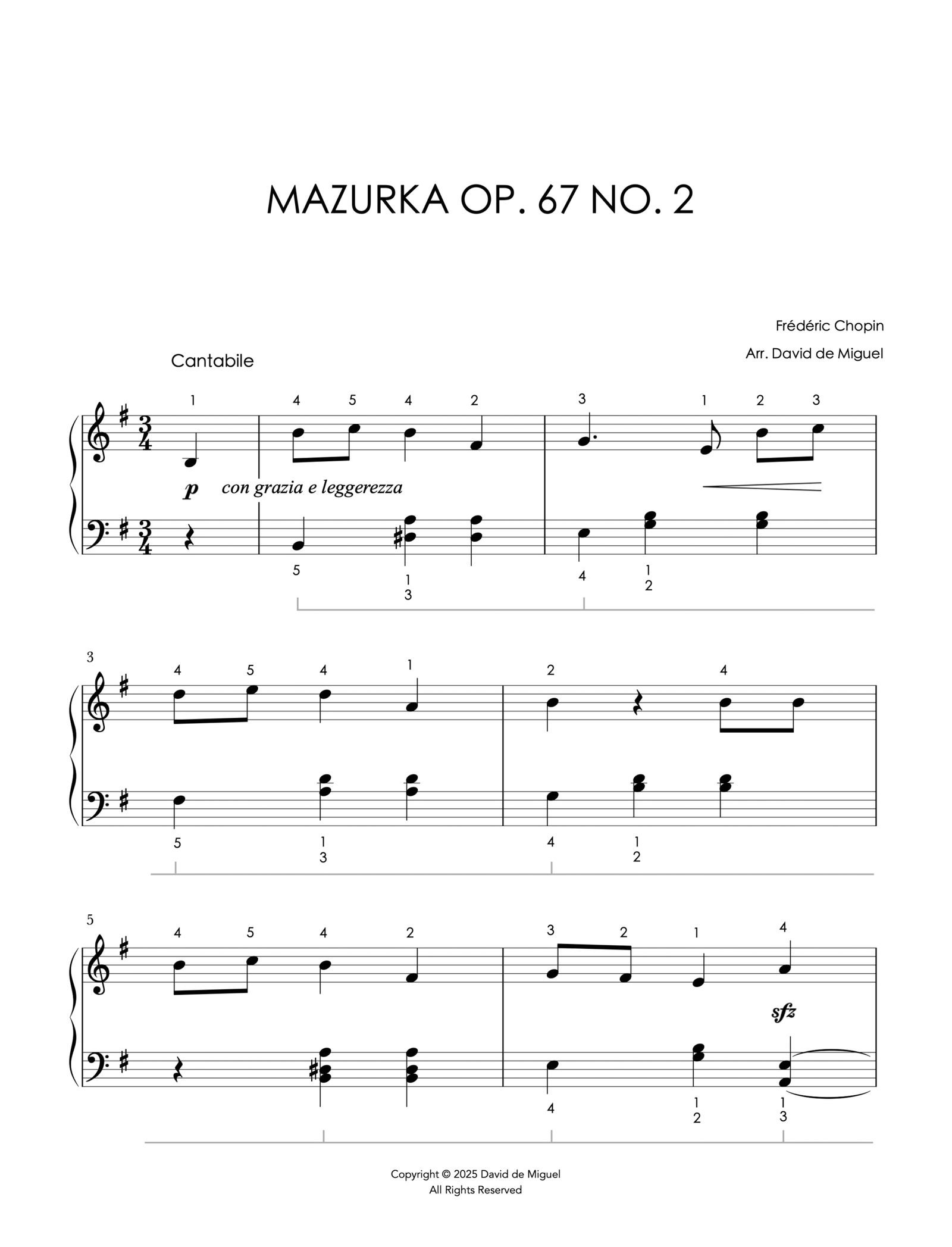 Fragmento de la partitura de la Mazurka Op. 67 No. 2 de Chopin en versión fácil para piano.