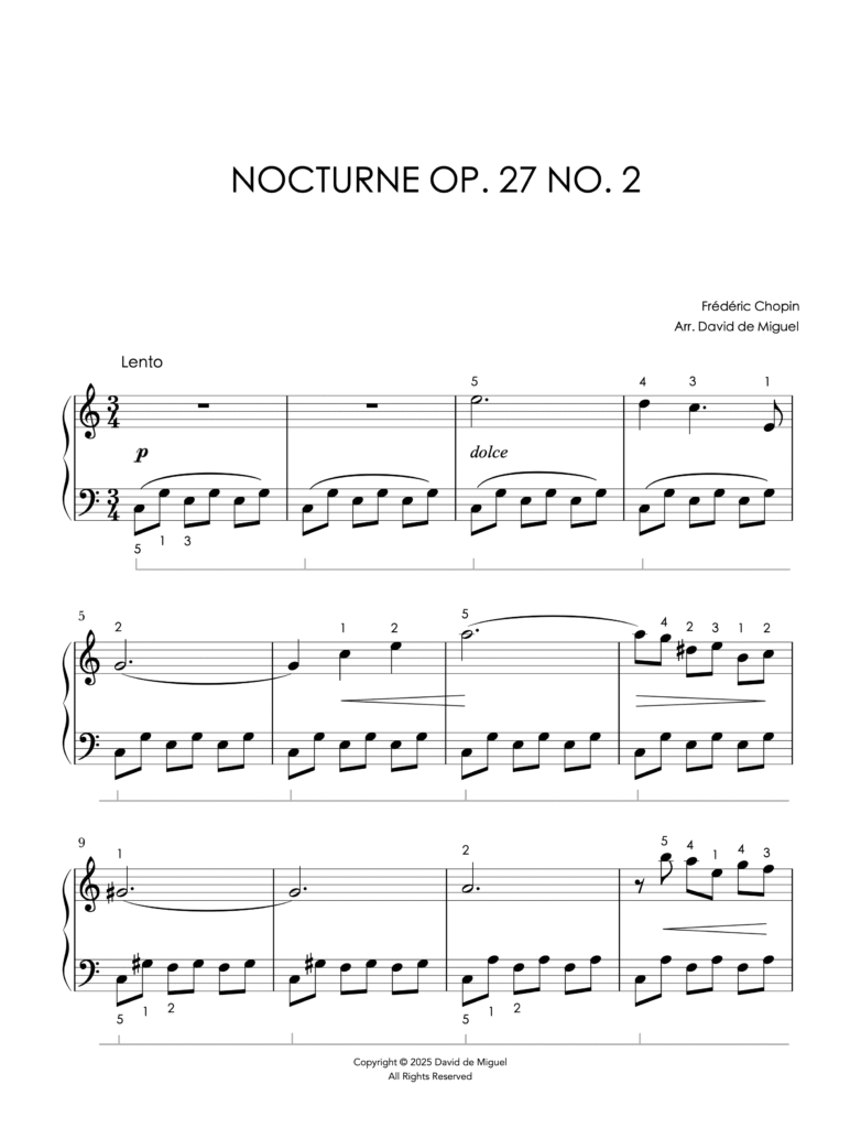 Fragmento de la partitura del Nocturno Op. 27 No. 2 de Chopin en versión fácil para piano.