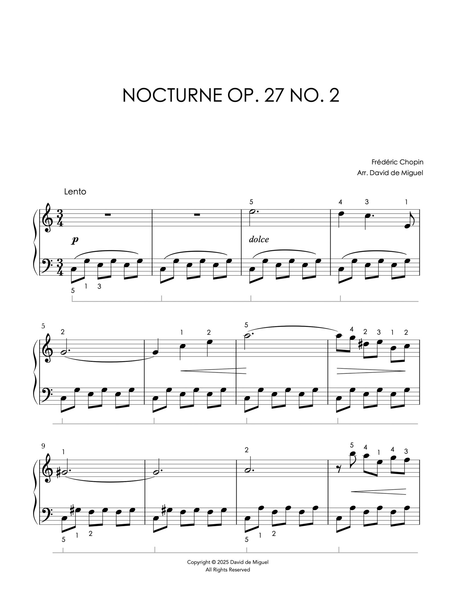 Fragmento de la partitura del Nocturno Op. 27 No. 2 de Chopin en versión fácil para piano.